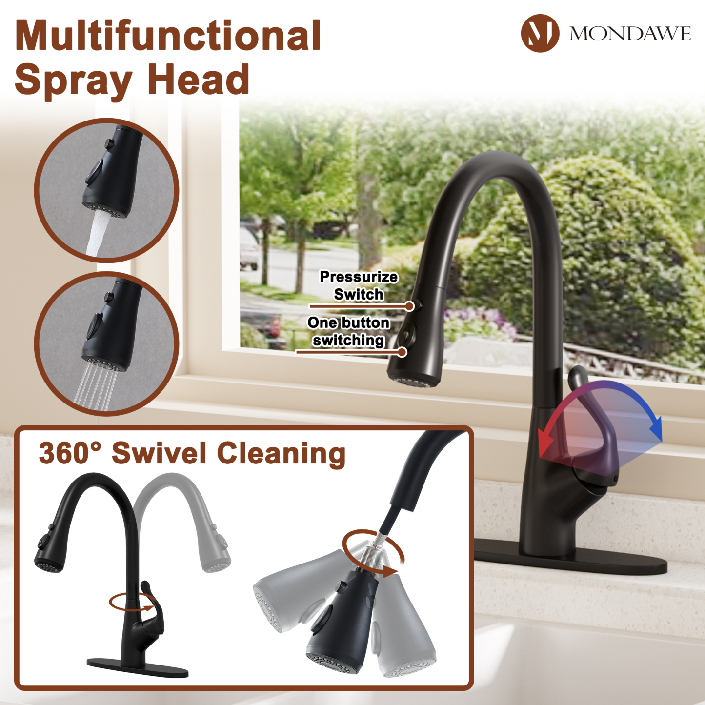Mondawe Kitchen Faucet with Pull Down, 1.8 gpm Single Handle Kitchen Sink Faucet, Lead-Free Copper for Bar Laundry Kitchen Sink-Mondawe