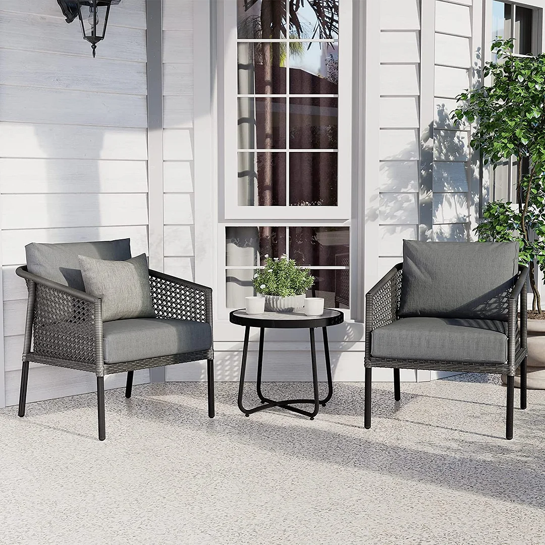 Outdoor Furniture 3 Pieces Set, Hand Woven, All-Weather Wicker Conversation Set for Patio Garden Backyard with Olefin Cushions and Coffee Table