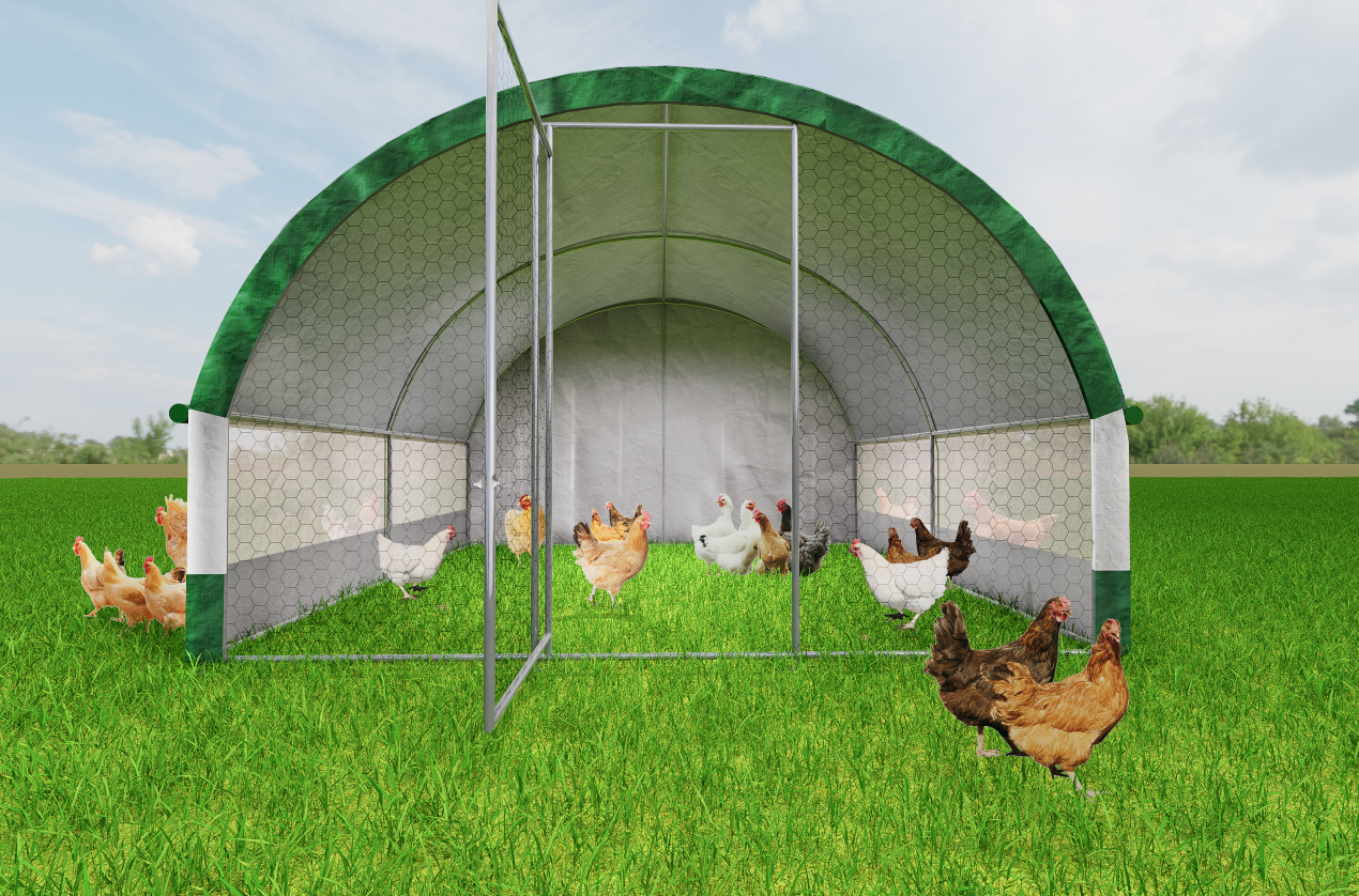 Large Chicken Coop Metal Chicken Run Dome Shape Walk-in Fence Chicken Coop, suitable for outdoor and yard farm use, all covered with PE cloth, 12.4 ft ×12.4 ft 