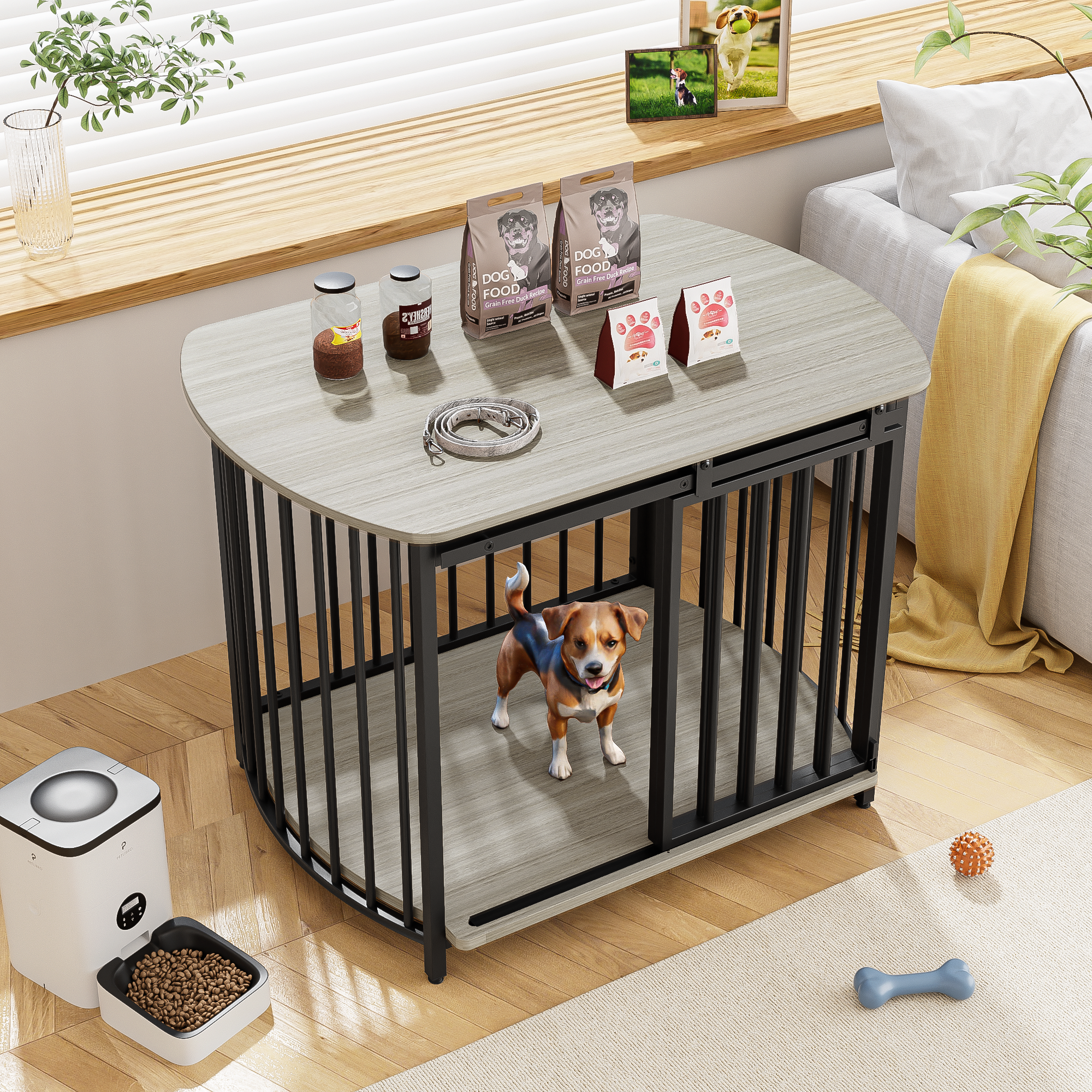 31.5" Furniture Style Dog Crate for Small and Medium Dogs, Wooden Cage Indoor Kennel Furniture, Modern Dog Crate End Table with Double-Doors, Gray/Brown