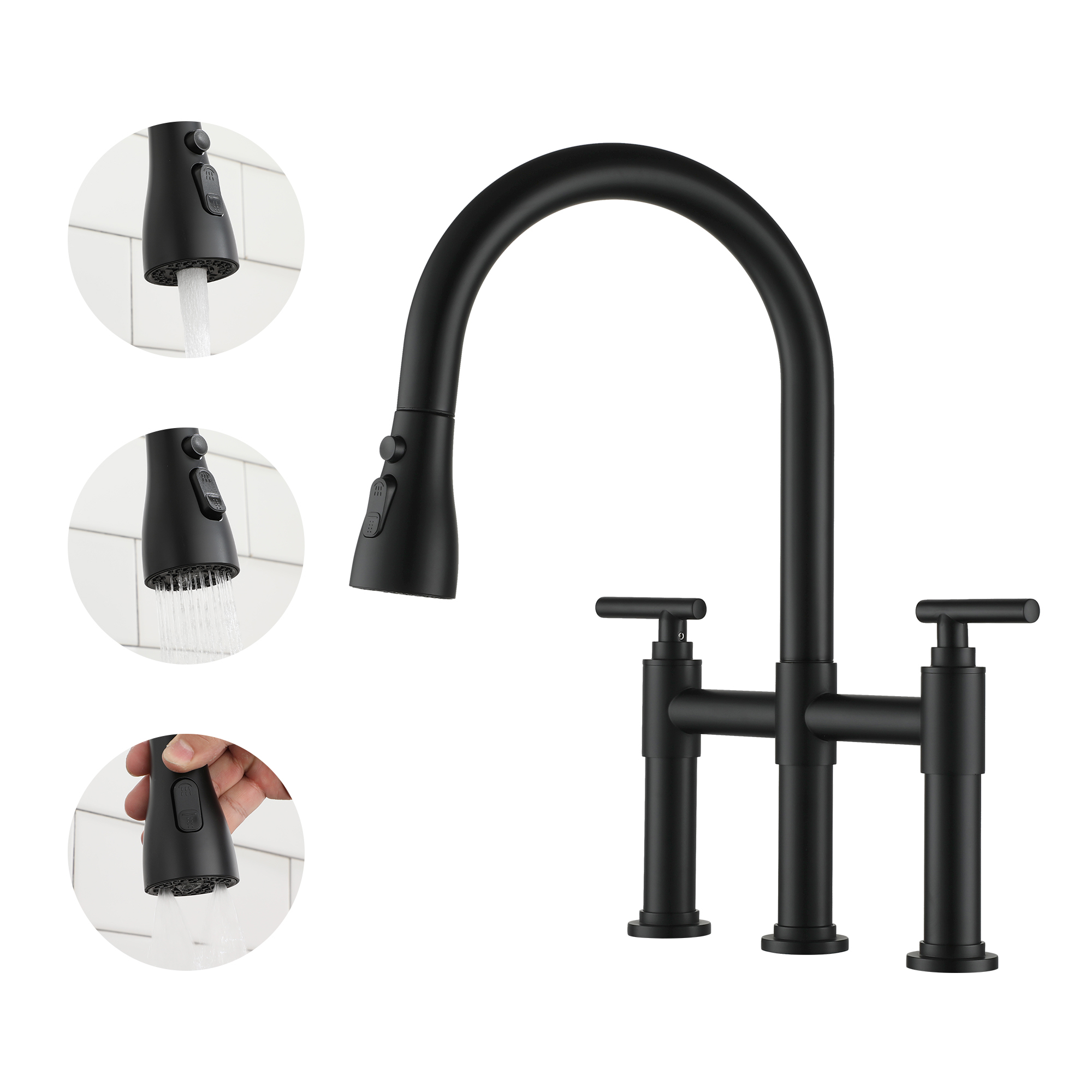 Bridge Kitchen Faucet with 3 Way Spray Function in Brushed Nickel Black White