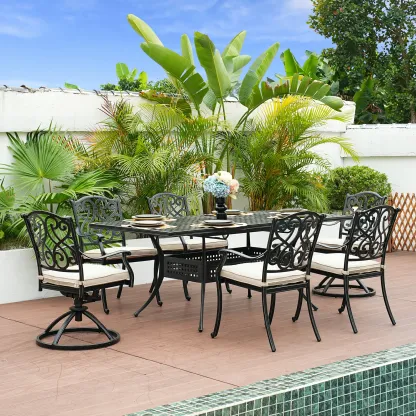 7-Piece Cast Aluminum Outdoor Dining Set with 1 Rectangle Extendable Table 4 Dining Chairs 2 Swivel Rockers with Cushion