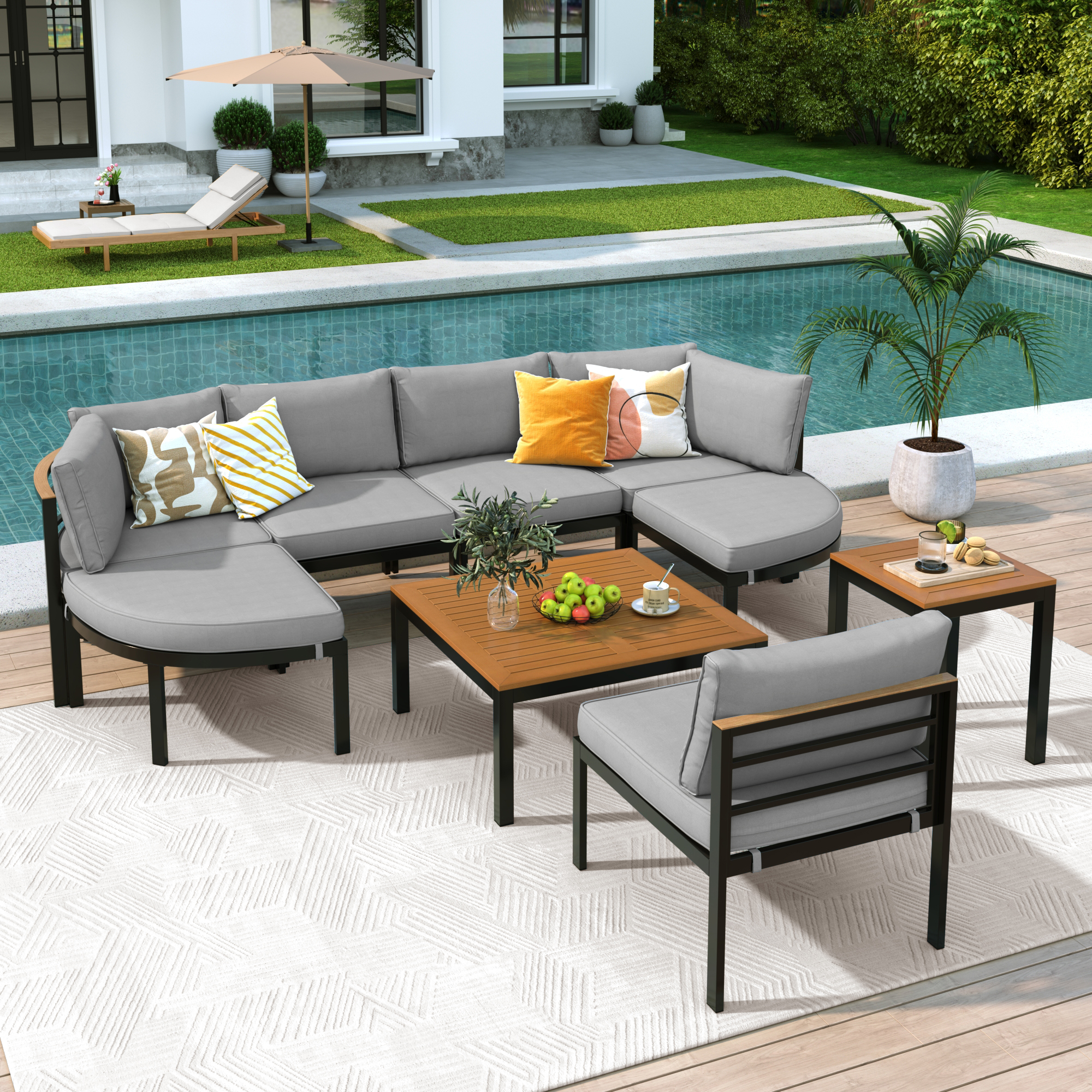 Modern Outdoor Sectional Sofa Set Patio Seating Group Outdoor Conversation Set with Cushions for Patio, Backyard, Garden, Grey/Beige