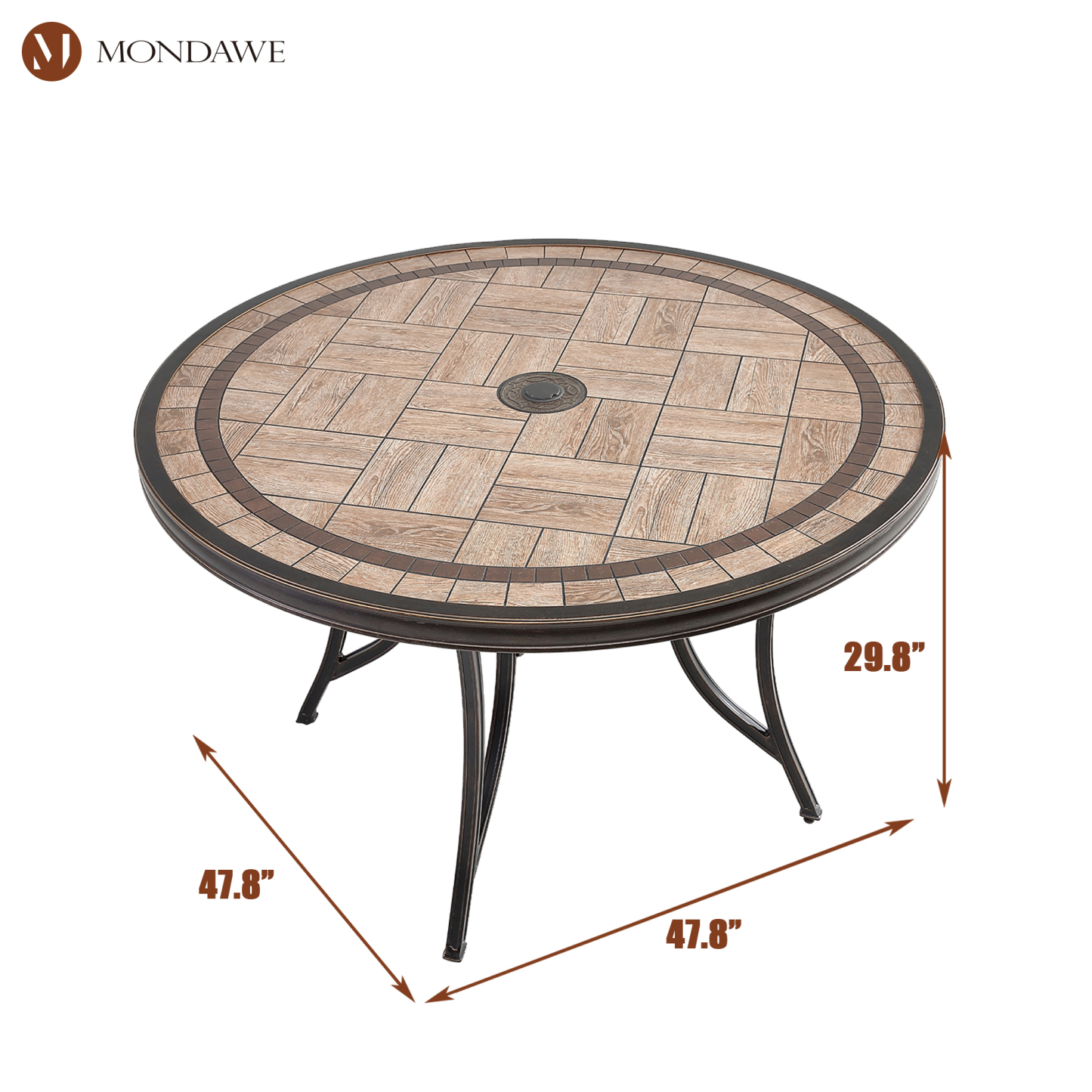 Mondawe 48-In Patio Round Tile-Top Dining Table with Umbrella Hole