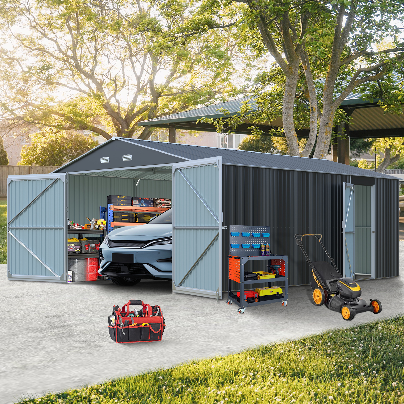 Spacious Outdoor Storage Shed: This 13x20FT outdoor storage shed offers a generous 250 square feet of floor space, perfect for storing trucks, cars, large tools, and lawn equipment. With double front 