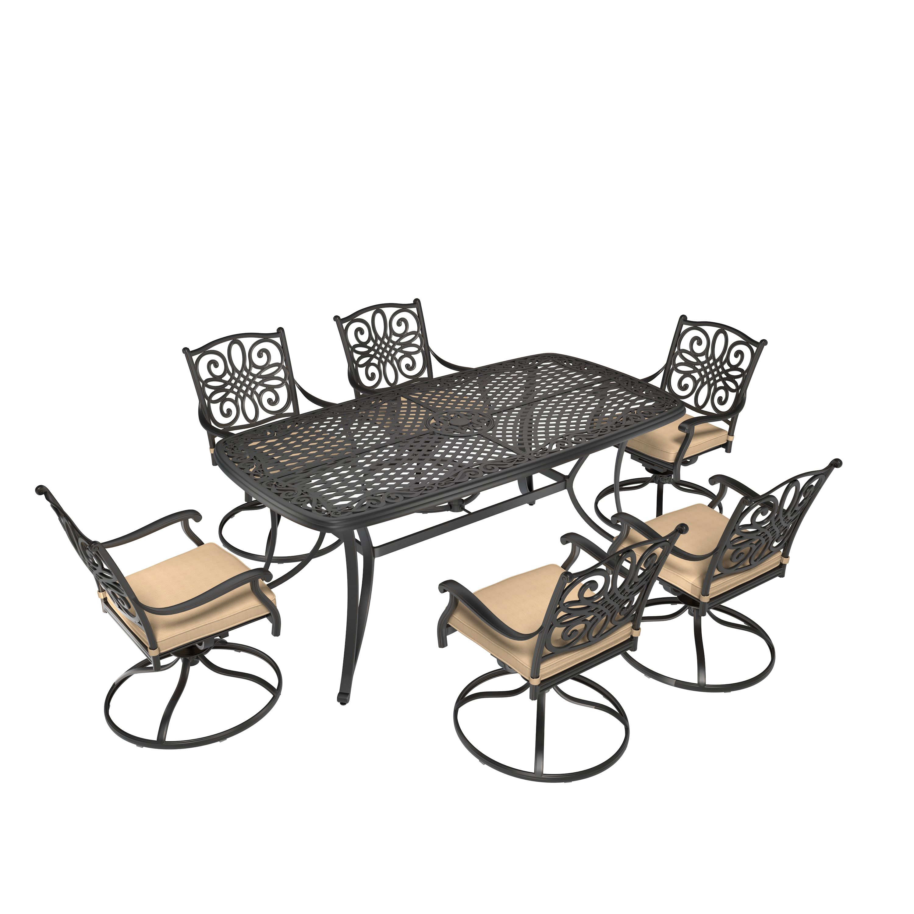 7-Piece Cast Aluminum Outdoor Dining Set with Rectangle Table Swivel Dining Chair with Brown/Gray Cushions