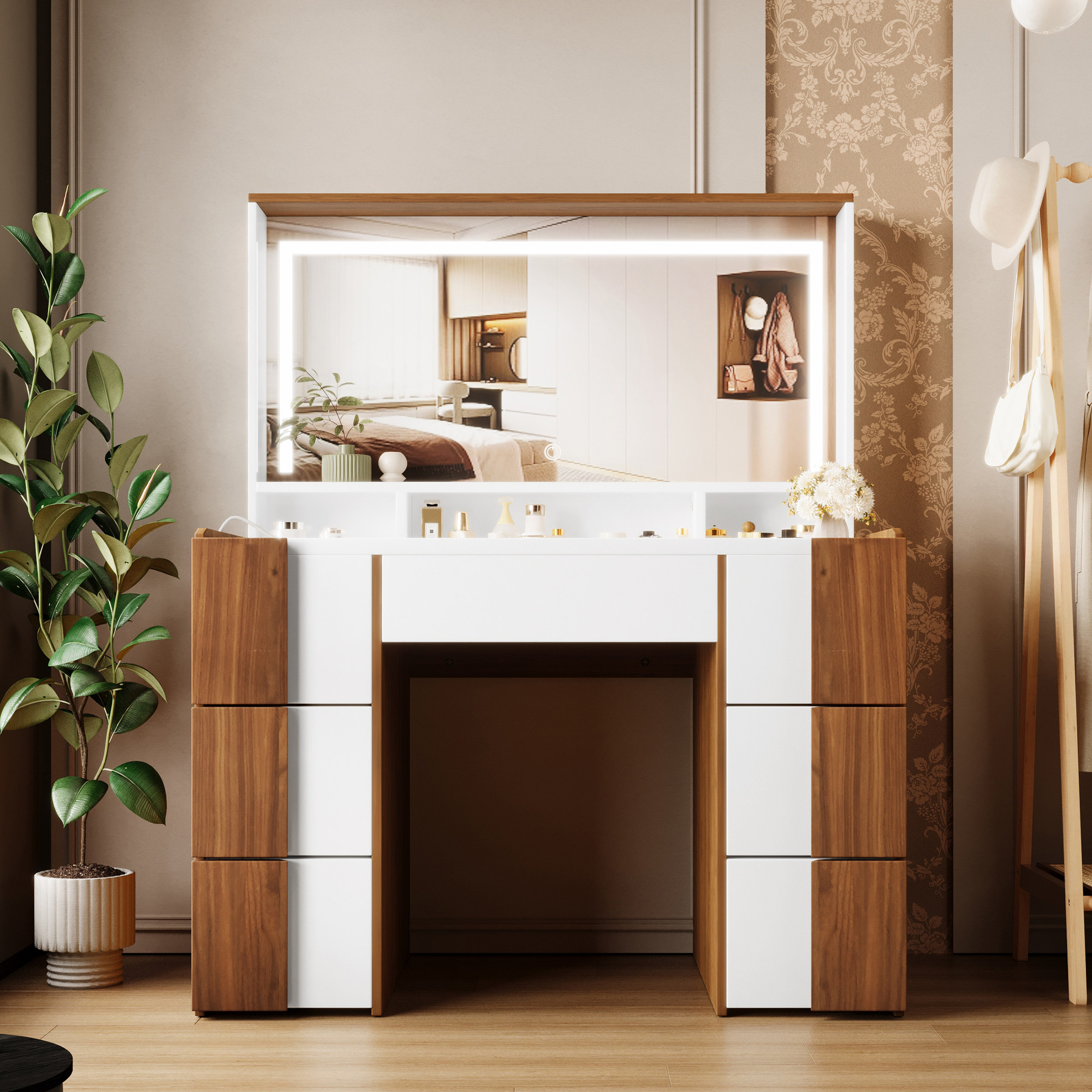 44.4" Elegant Vanity Table with Large Lighted Mirror & Power Outlet, Dressing Table with 7 Drawers & Shelves, Vanity Desk with Brown Solid Wood-style Stickers 