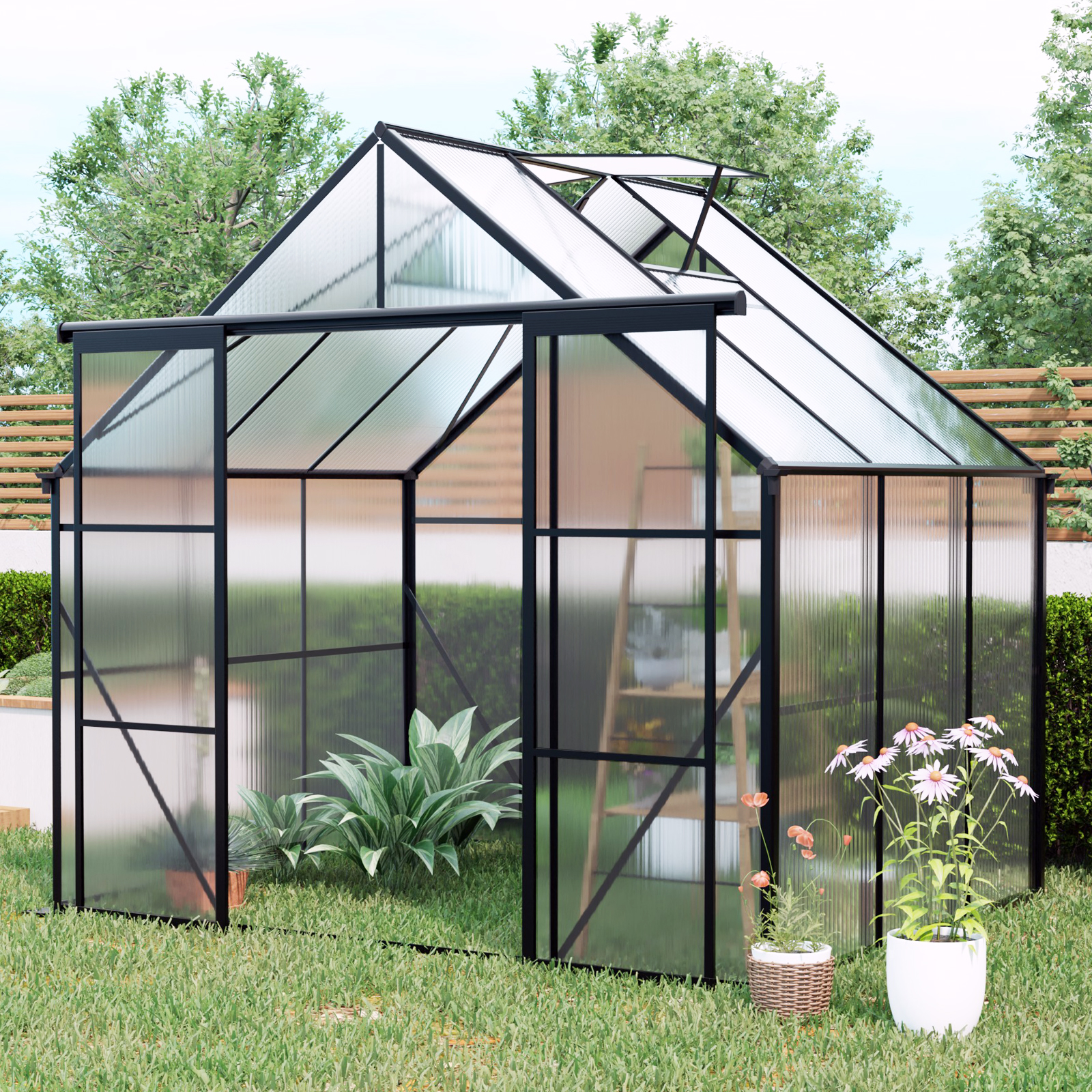 8X6FT-Black/Green Double Door Polycarbonate Greenhouse Raised Base and Anchor Aluminum Heavy Duty Walk-in Greenhouses for Outdoor Backyard in All Season 