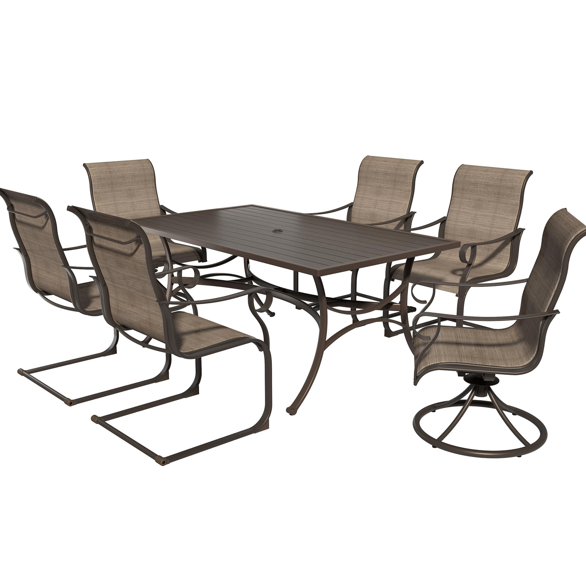 Outdoor Dining Set for 7pcs with 66" Metal Large Patio Table and Chairs Set Swivel Rocking Patio Chairs Rectangle Outdoor Dining Table with Umbrella Hole Patio Furniture Sets for Yard, Garden, Porch