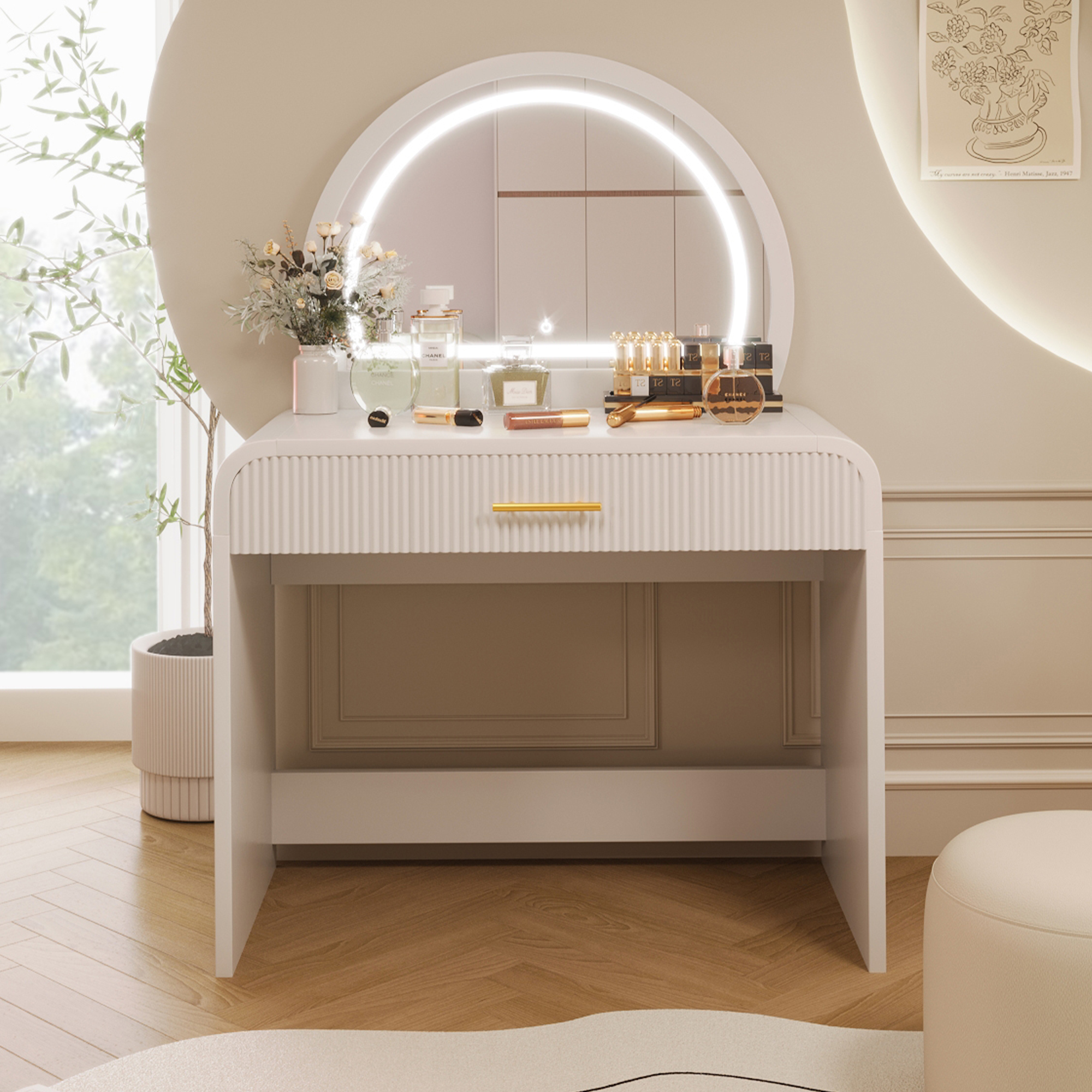 39" Makeup Vanity Table with Mirror Touch Screen Lighted Mirror, Dressing Table with Drawer for Bedroom, White 