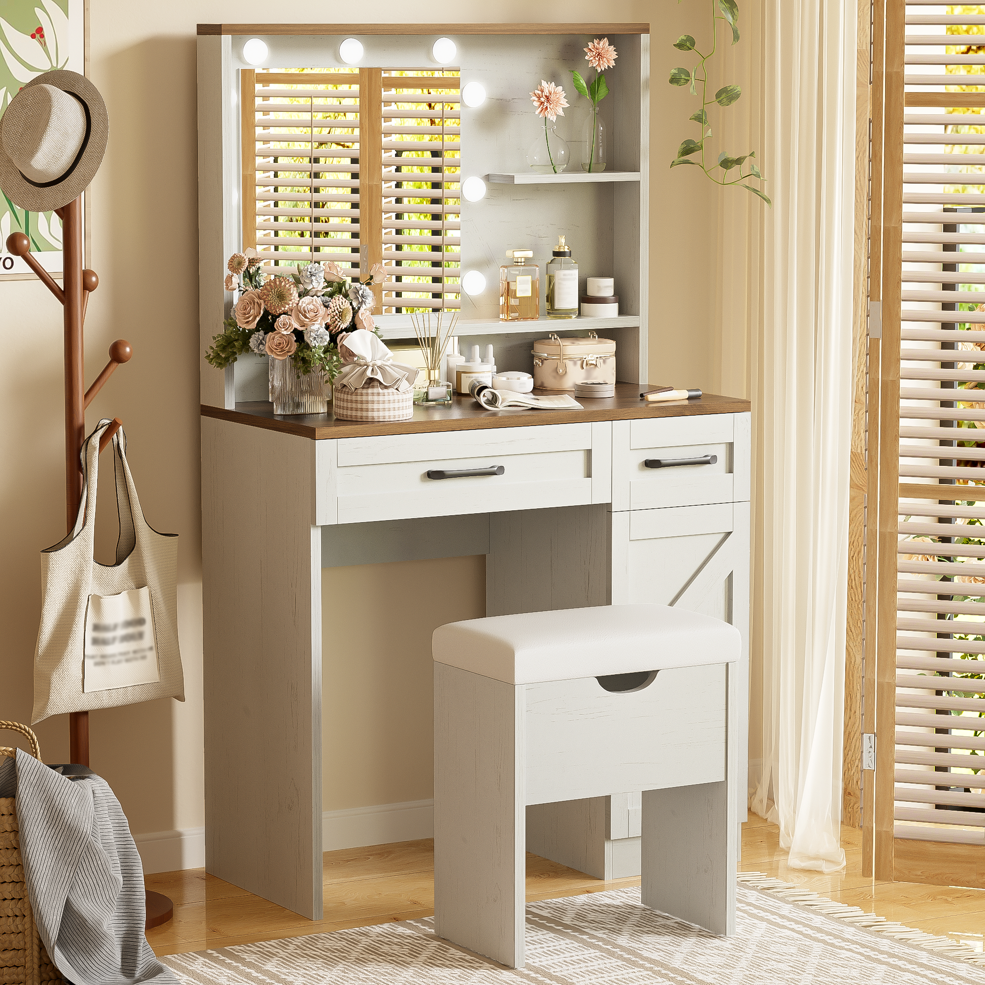 Farmhouse Makeup Vanity Desk with Mirror and Lights, 3 Lighting Modes, Vanity Set with Stool, Dressing Table with Adjustable Shelves,2 Drawers and Side Cabinet for Bedroom, White 