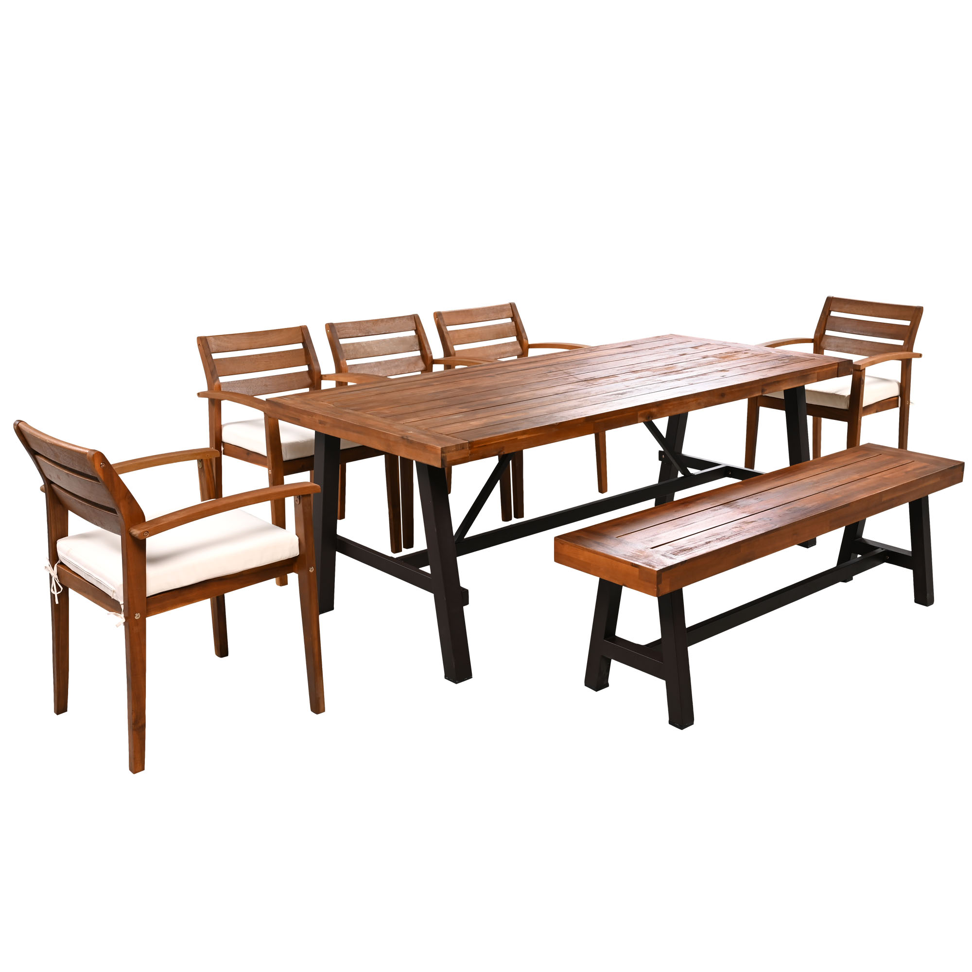 Outdoor Wood Dining Set For 7-8 Person, Outdoor Dining Furniture With Removable Cushions, Ergonomic Chairs And Bench, Thicker Table, Nature 
