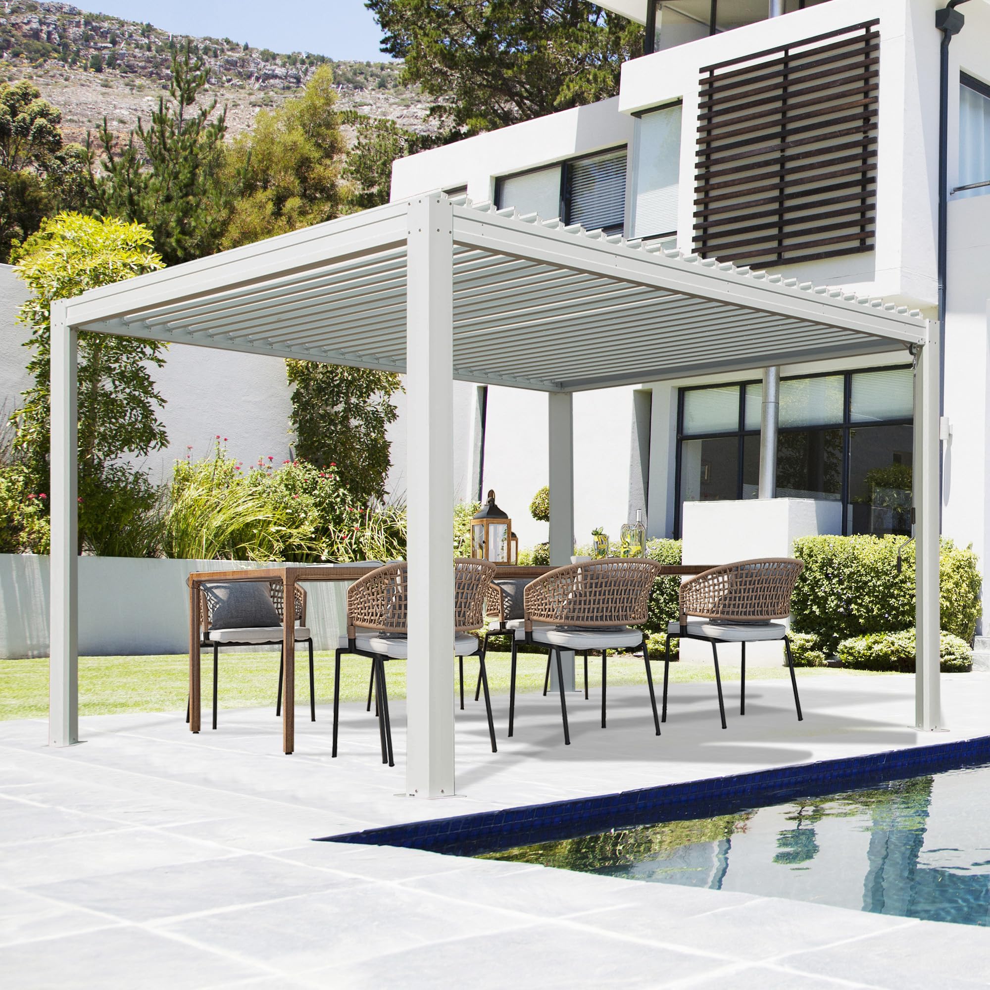  Louvered Pergola 10X10FT, Wood Grain Aluminum Pergola with Adjustable Roof, Wood Looking Aluminum Frame, Efficient Drainage System, Outdoor Pergola for Patio, Deck, Garden
