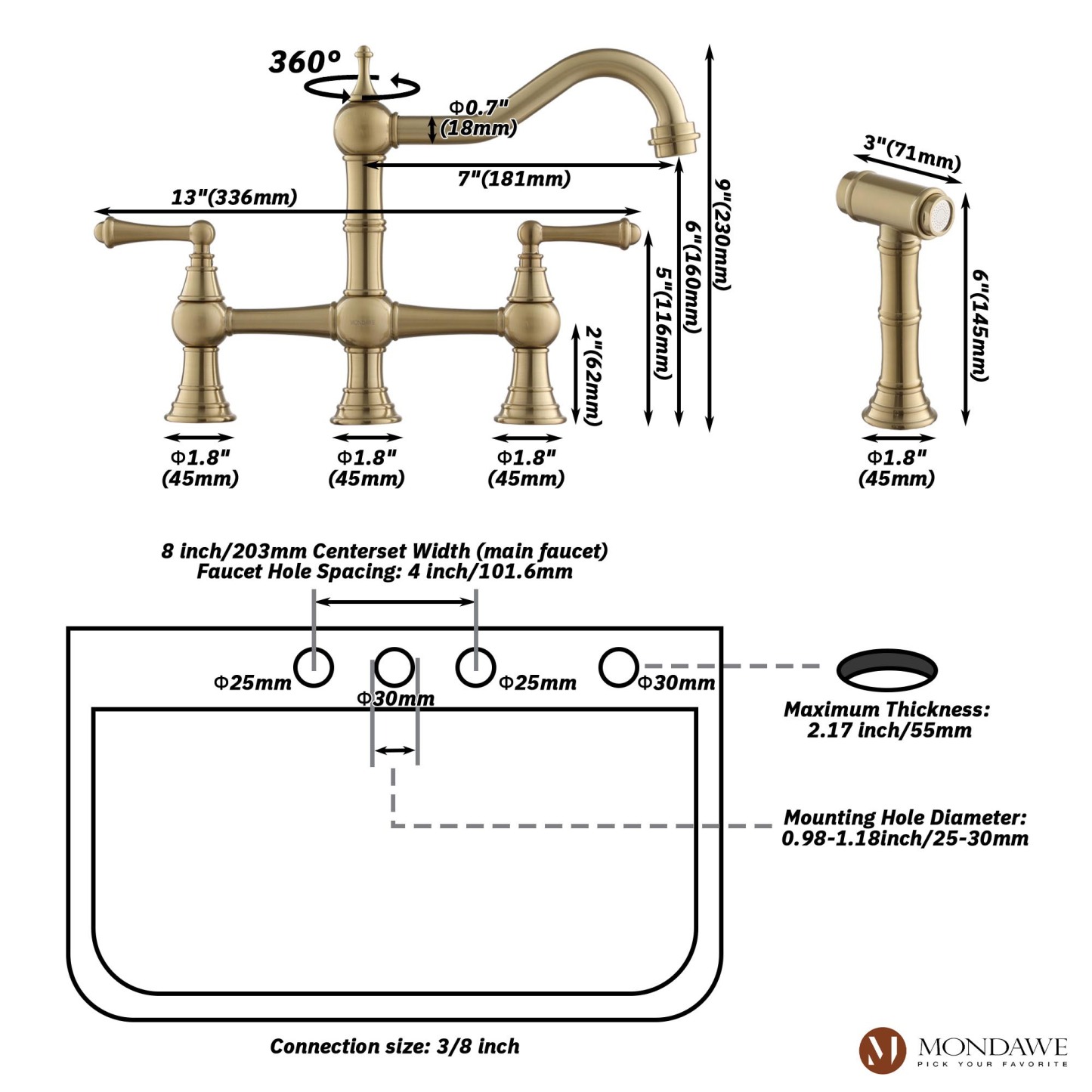 Mondawe 8 inch Centerset Bridge Kitchen Faucet with Brass Side Sprayer 2 Handles 4 Holes Antique Classic Heritage Deck-Mount Kitchen Sink Faucet