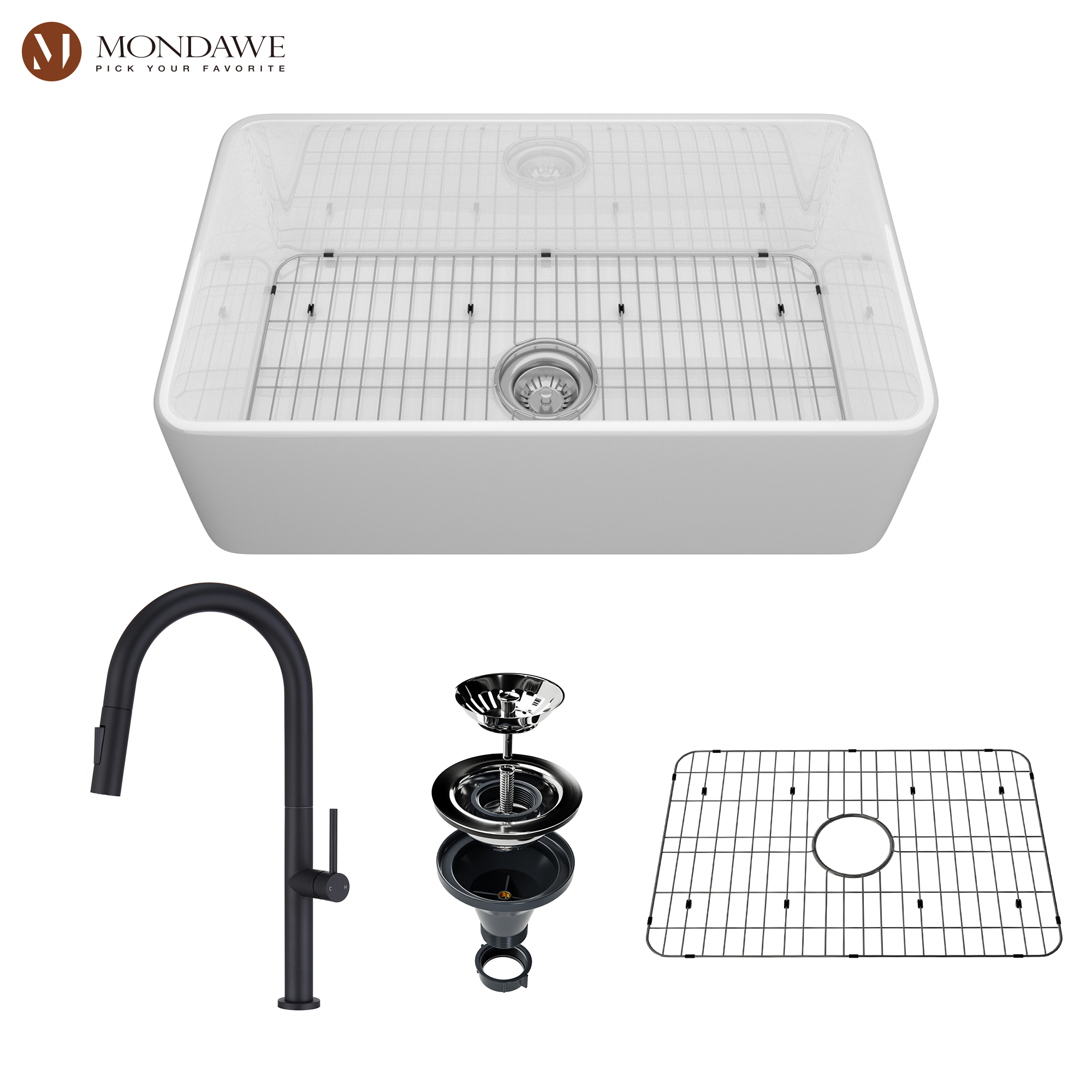 Farmhouse 30 in. single bowl fireclay kitchen sink in white comes with pull-down faucet-Mondawe