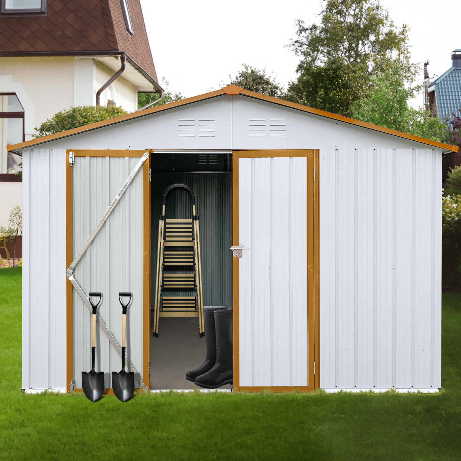 Metal garden sheds 10ftx12ft outdoor storage sheds White+Yellow/White+Grey