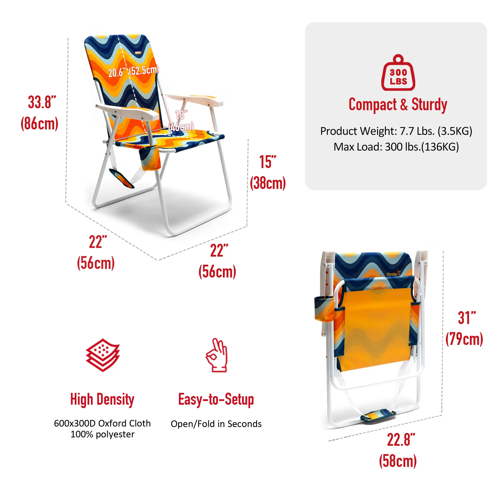 Metal Frame Beach Chair Folding Lounge Chair with Side Pocket for Outdoor Relaxation