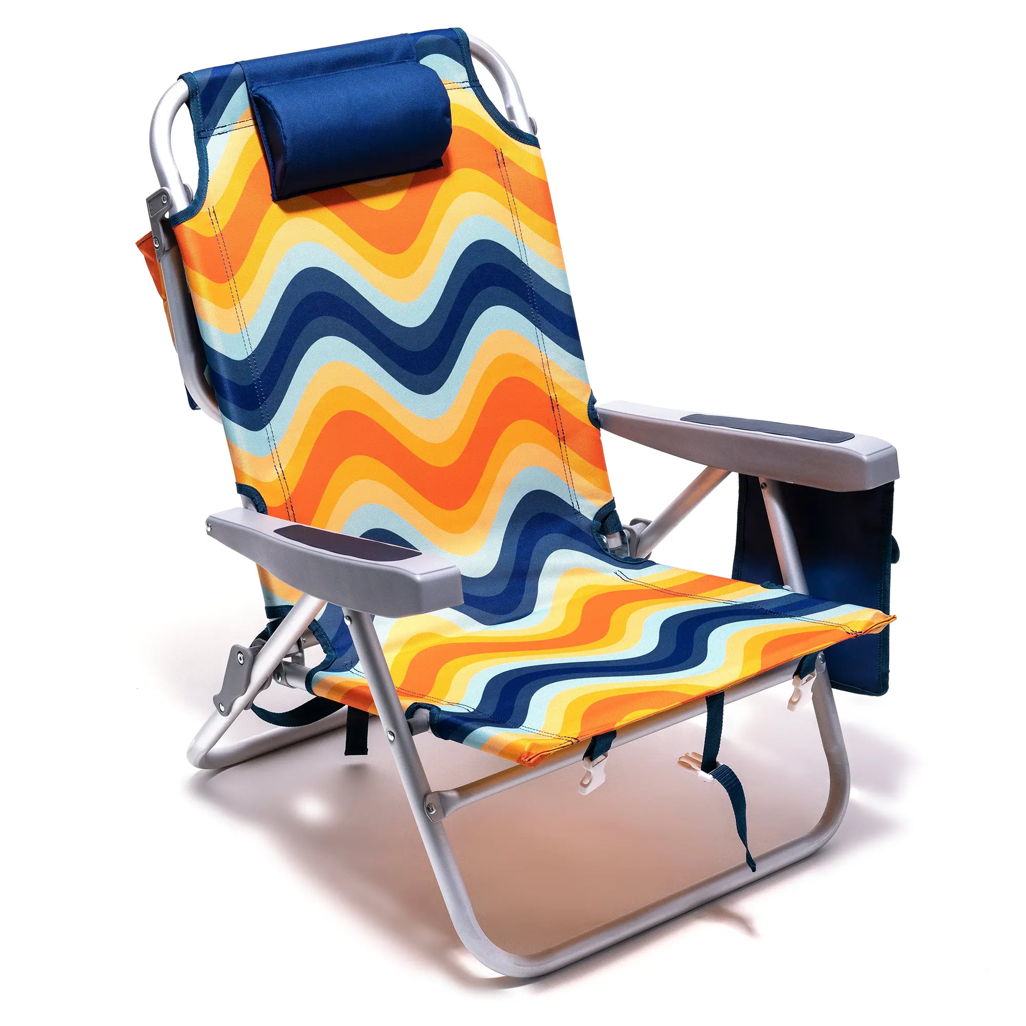 Outdoor Metal Frame Folding Beach Chair Adjustable Lounge Chair with Side Pocket