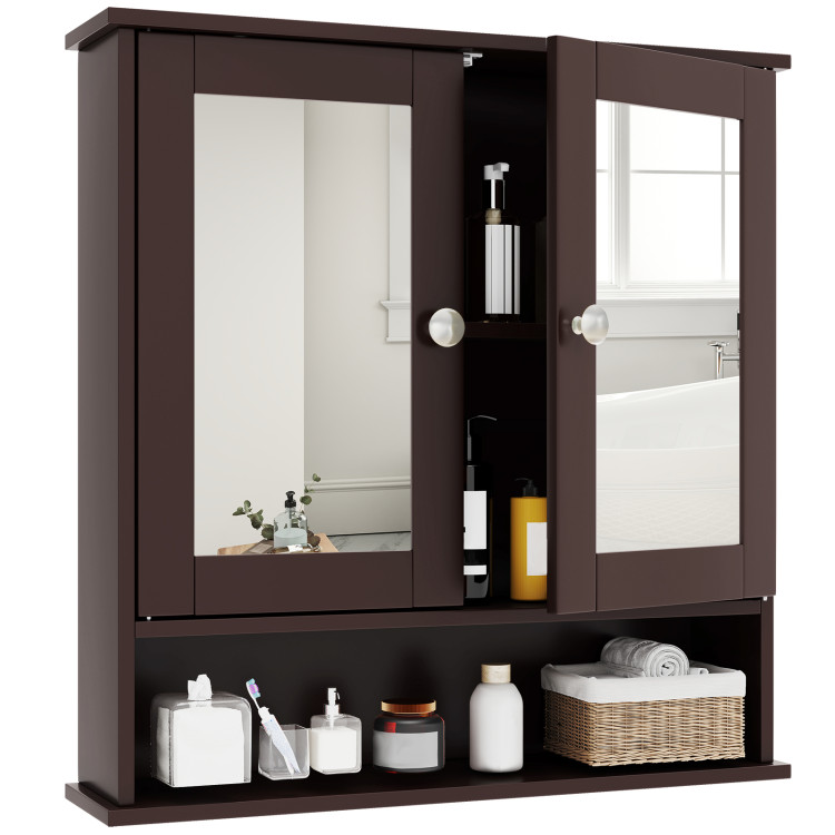 Double Door Wall-Mounted Bathroom Mirror Cabinet with Storage Shelf