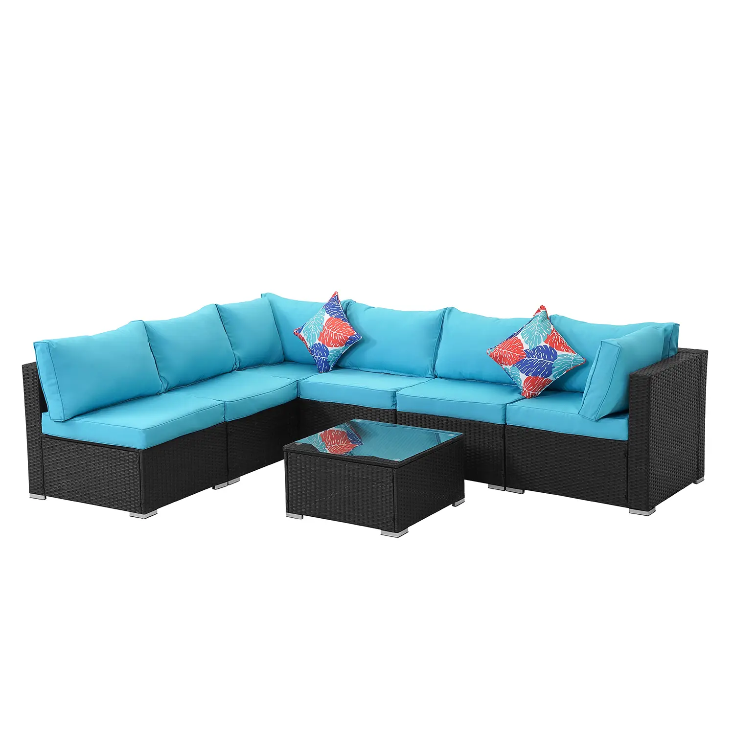 Outdoor Garden Patio Furniture 7-Piece PE Rattan Wicker Cushioned Sofa Sets and Coffee Table