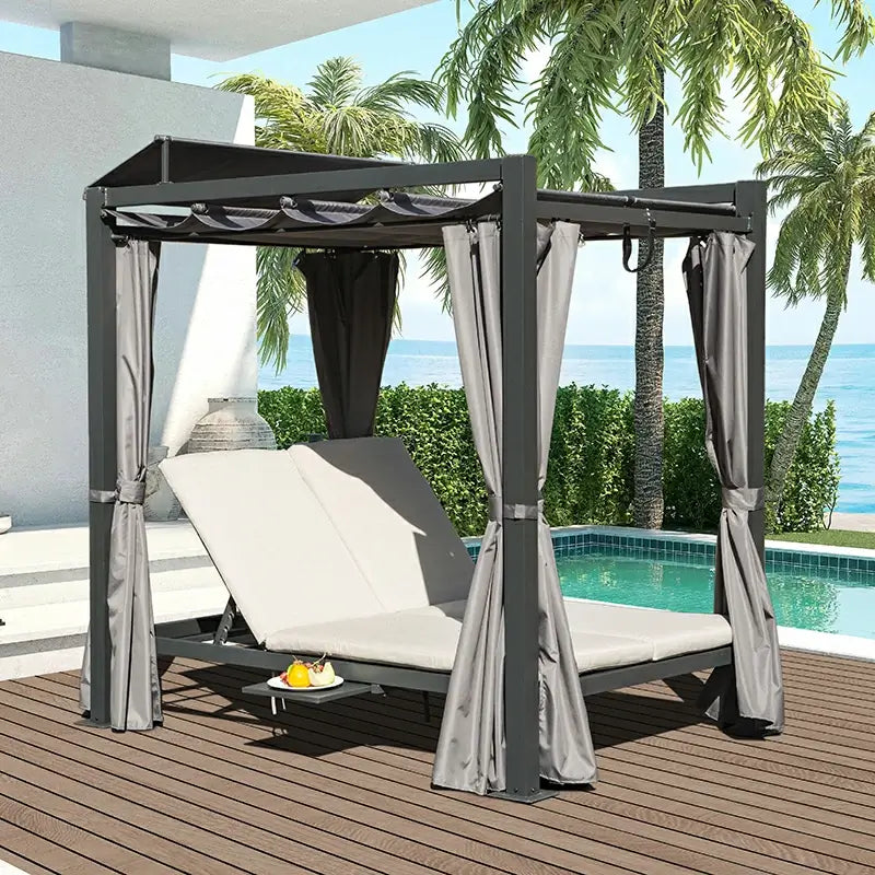 Outdoor Double Chaise Lounge Daybed Bed Aluminum Frame with Retractable Canopy and Curtain with Cushion