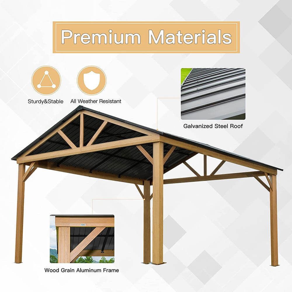 12x14 ft Outdoor Aluminum Hardtop Gazebo Wood Looking Frame Galvanized Steel Gable Tent for Patio Decks Backyard