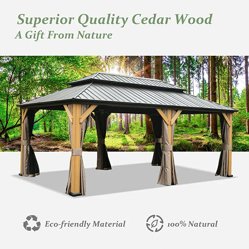 12x20 ft Outdoor Cedar Wood Frame Gazebo Galvanized Steel Hardtop Double Roof Permanent Metal Pavilion with Curtains and Netting