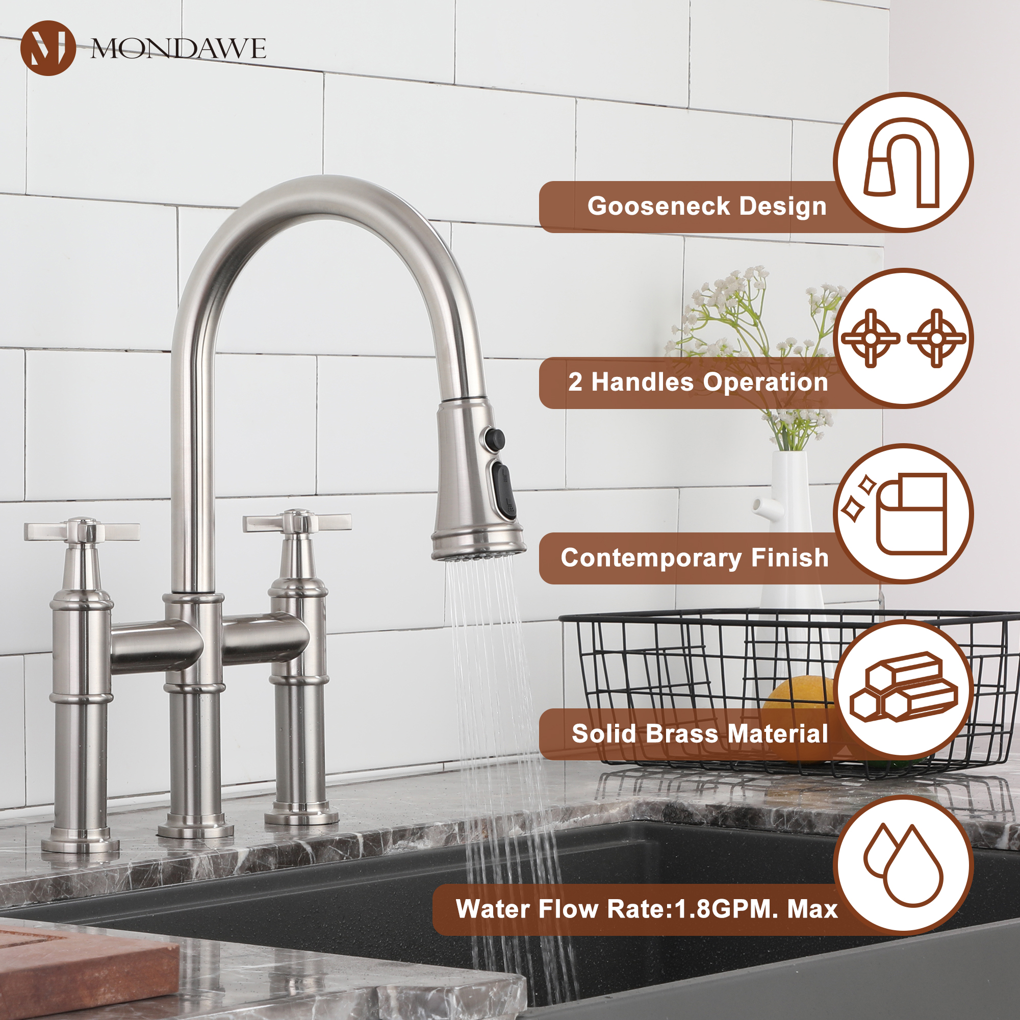 Bridge Kitchen Faucet with 3 Way Spray Function