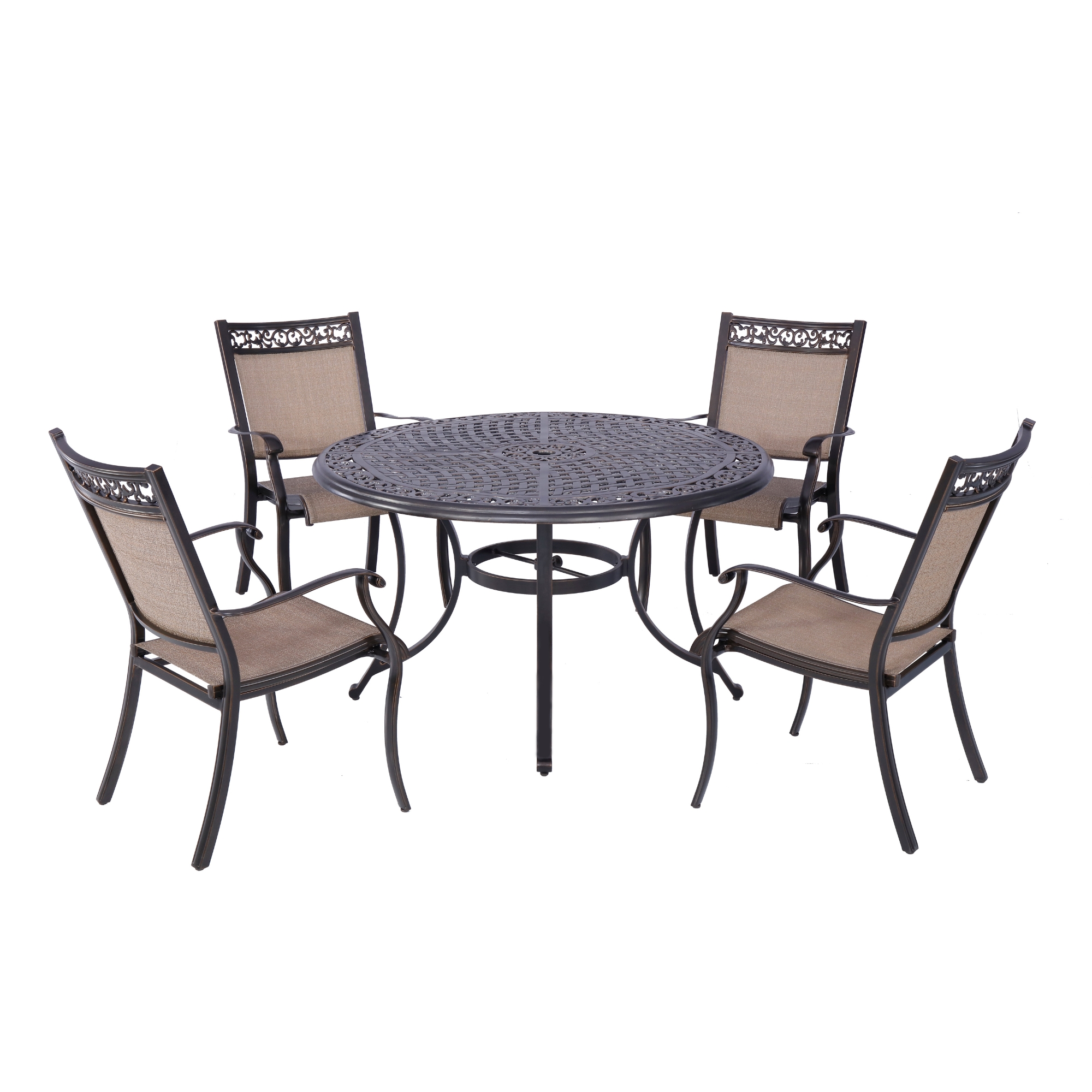 5 Piece Patio Dining Set with Cast Aluminum 4 Textilene Swivel Chairs and Outdoor Dining Table with Umbrella Hole