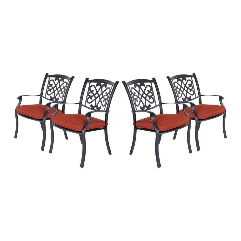 Dark Gold Aluminum Frames Outdoor Patio Dining Chair with Chili Red Cushion(Set of 4)