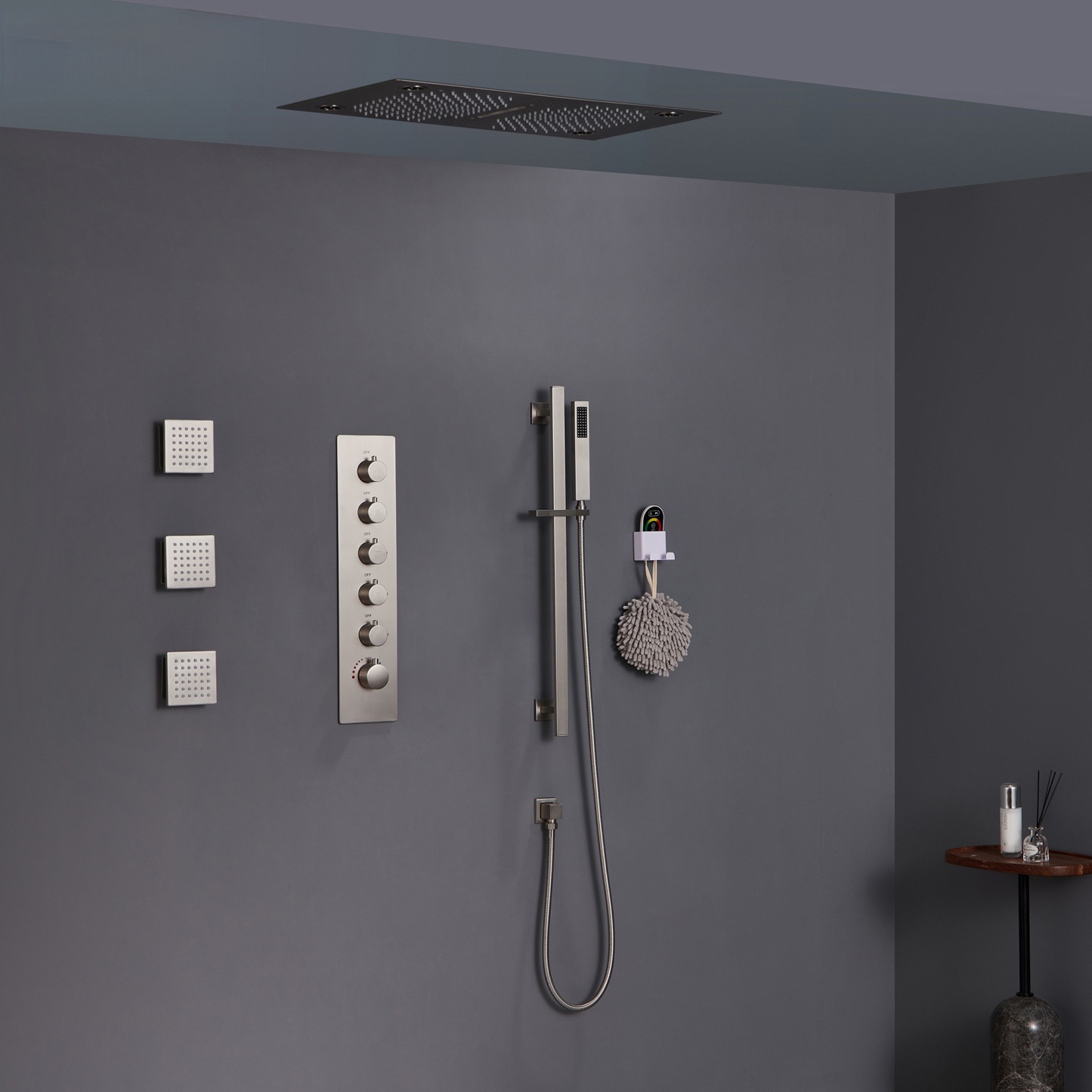 5 Functions Flush-Mounted Luxury LED and Music Thermostatic Complete Shower System with Body Jets and Slide Bar (Rough-in Valve Included)