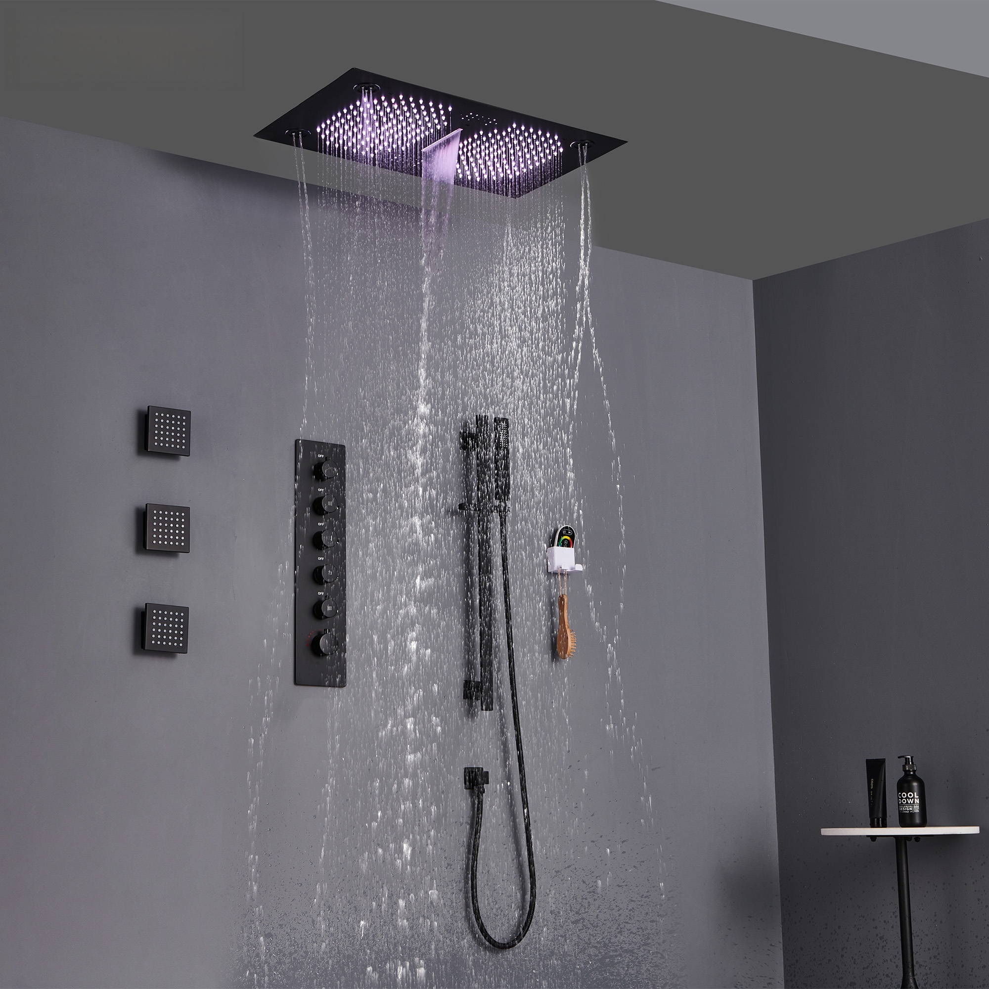 5 Functions Flush-Mounted Luxury LED and Music Thermostatic Complete Shower System with Body Jets and Slide Bar (Rough-in Valve Included)