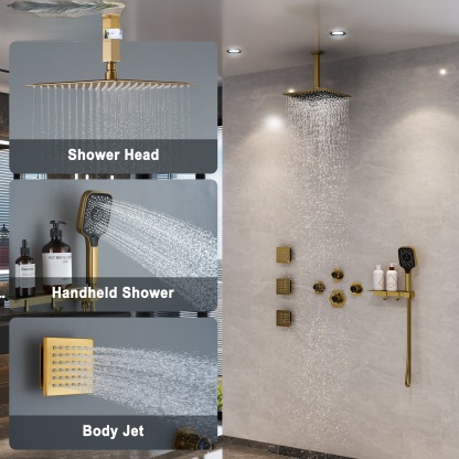 12in Thermostatic Ceiling Mount 3 Functions Shower System with Body Jets and Storage Shelf