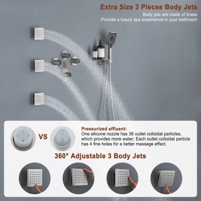 12in Thermostatic Ceiling Mount 3 Functions Shower System with Body Jets and Storage Shelf