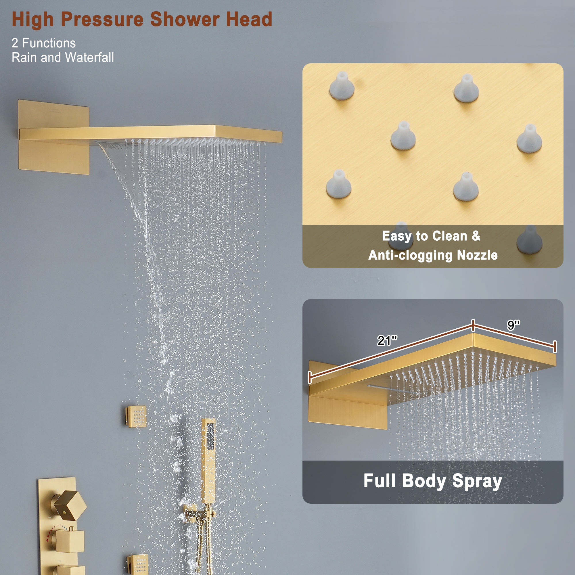 22in 4 Functions Thermostatic Rainfall Shower System with 6 Rotating Body Jets