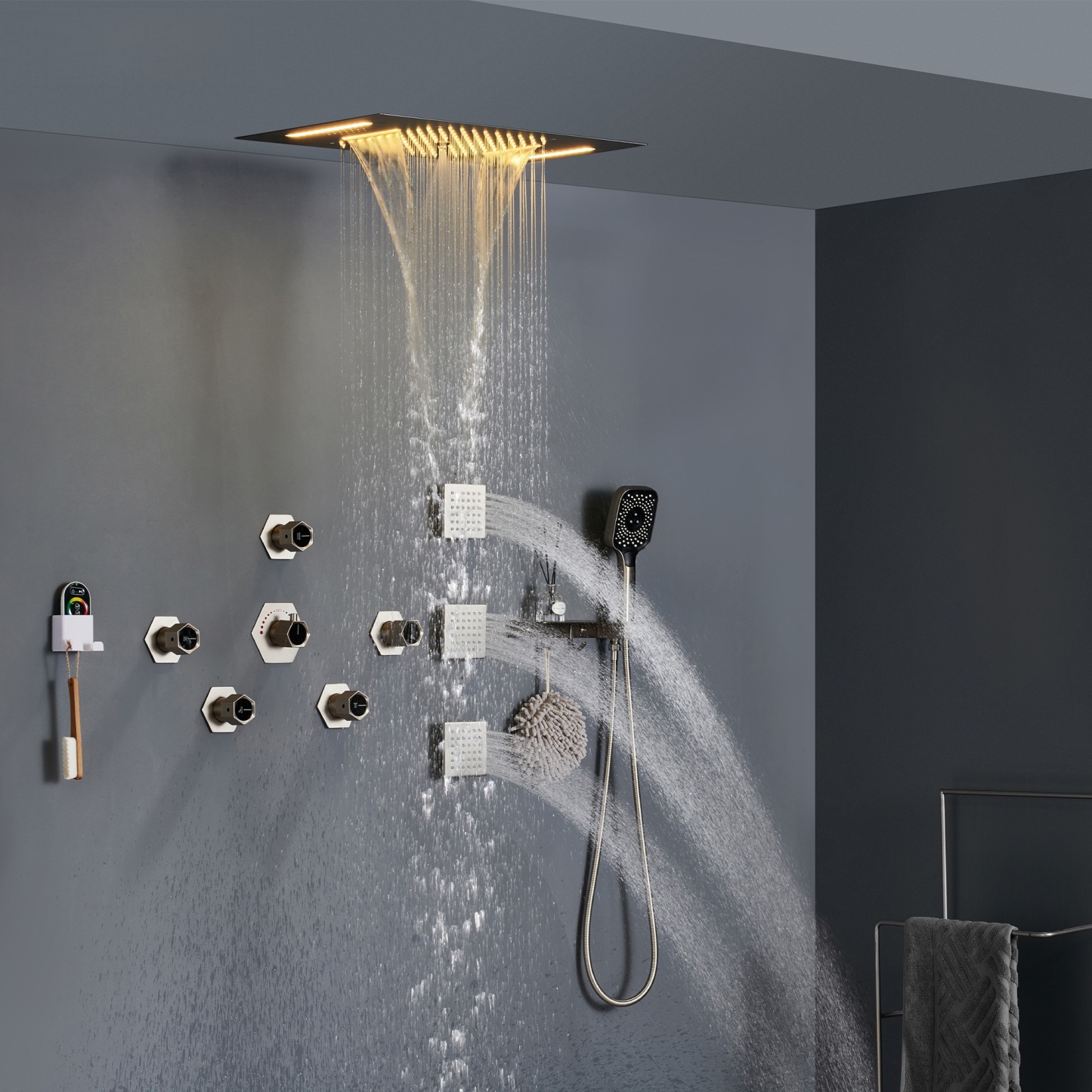 Flush-Mounted Thermostatic 3 Functions Luxury Complete Shower System with Body Jets and Shower Holder