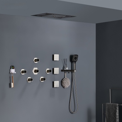 Flush-Mounted Thermostatic 3 Functions Luxury Complete Shower System with Body Jets and Shower Holder