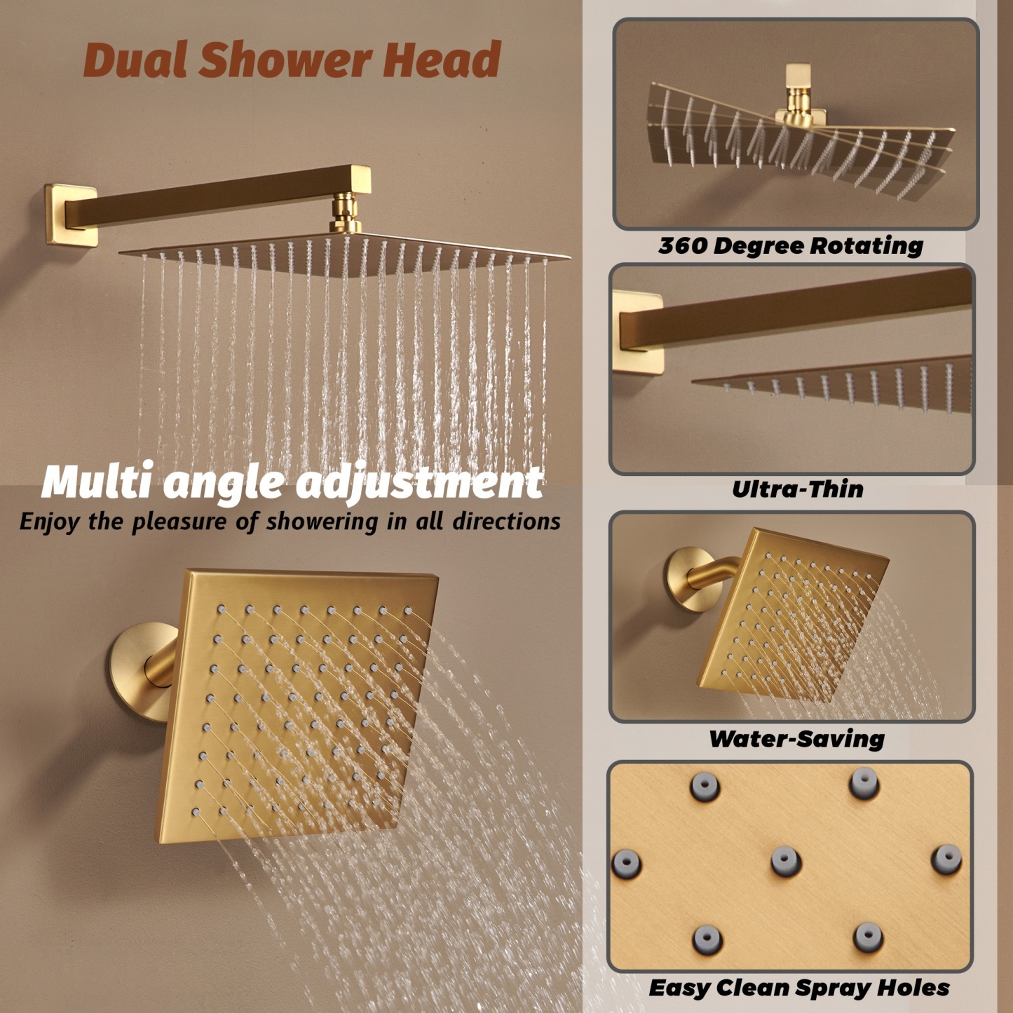 Thermostatic 4 Functions 12-inch Wall Mounted Rainfall Dual Shower Heads with Handheld and Body Jets (Rough-in Valve Included)