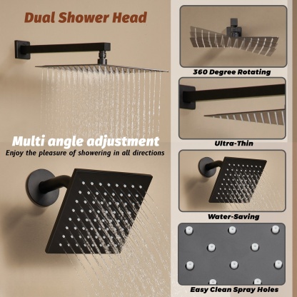 Thermostatic 4 Functions 12-inch Wall Mounted Rainfall Dual Shower Heads with Handheld and Body Jets (Rough-in Valve Included)