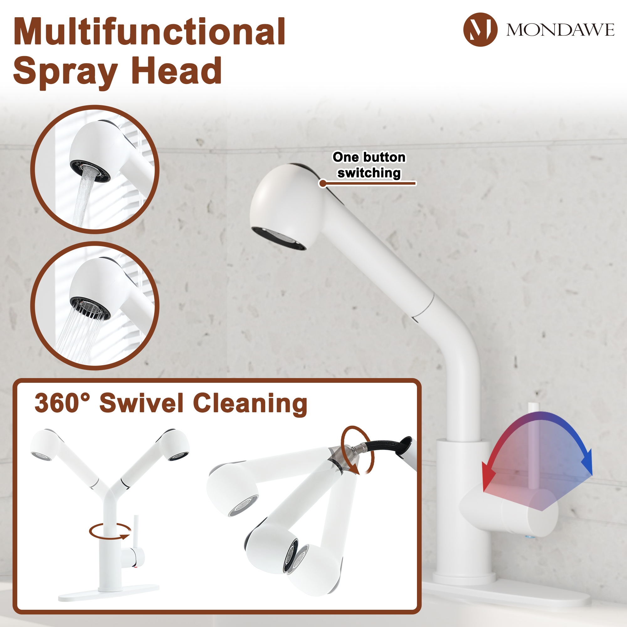 Mondawe in White Pull-Out Sprayer Kitchen Faucet In Stainless with Deck Plate