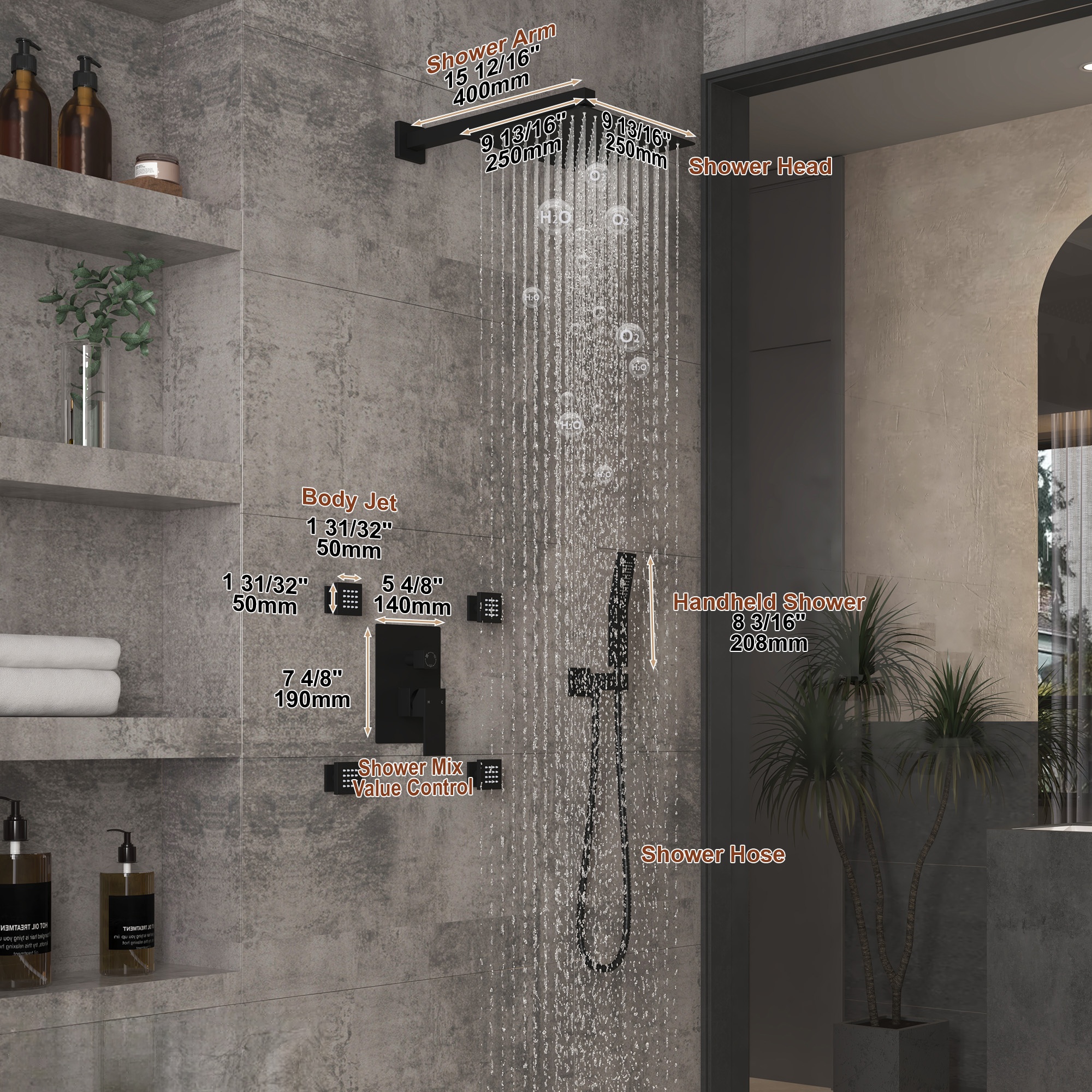 3-Function Shower Faucet with CUPC Balance Valve Overhead Rainfall Handheld Showerhead and Side Spray Black Color