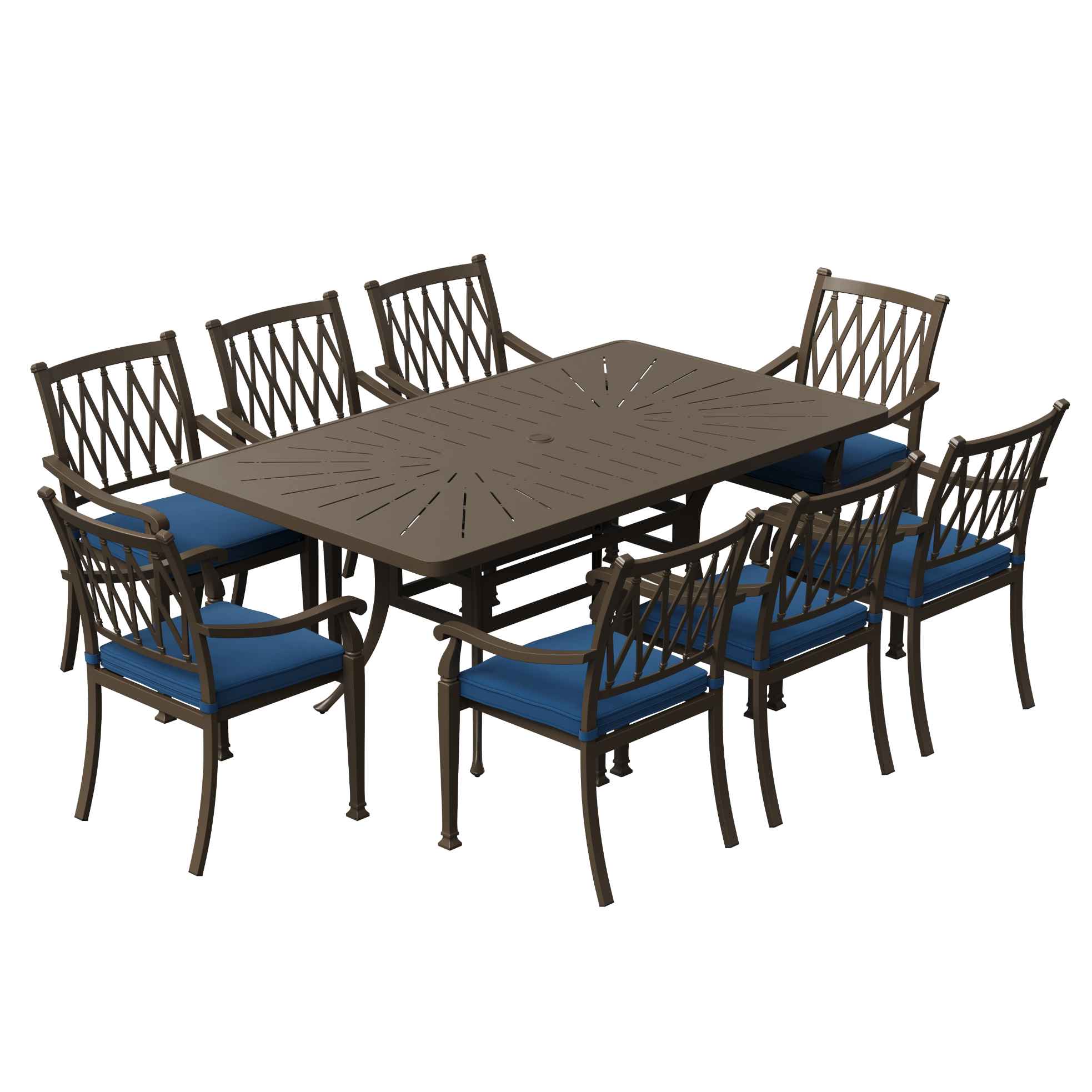 9-Piece Cast Aluminum Patio Dining Set 1 Rectangle Retro Table and 8 Dining Chairs with Beige Cushion