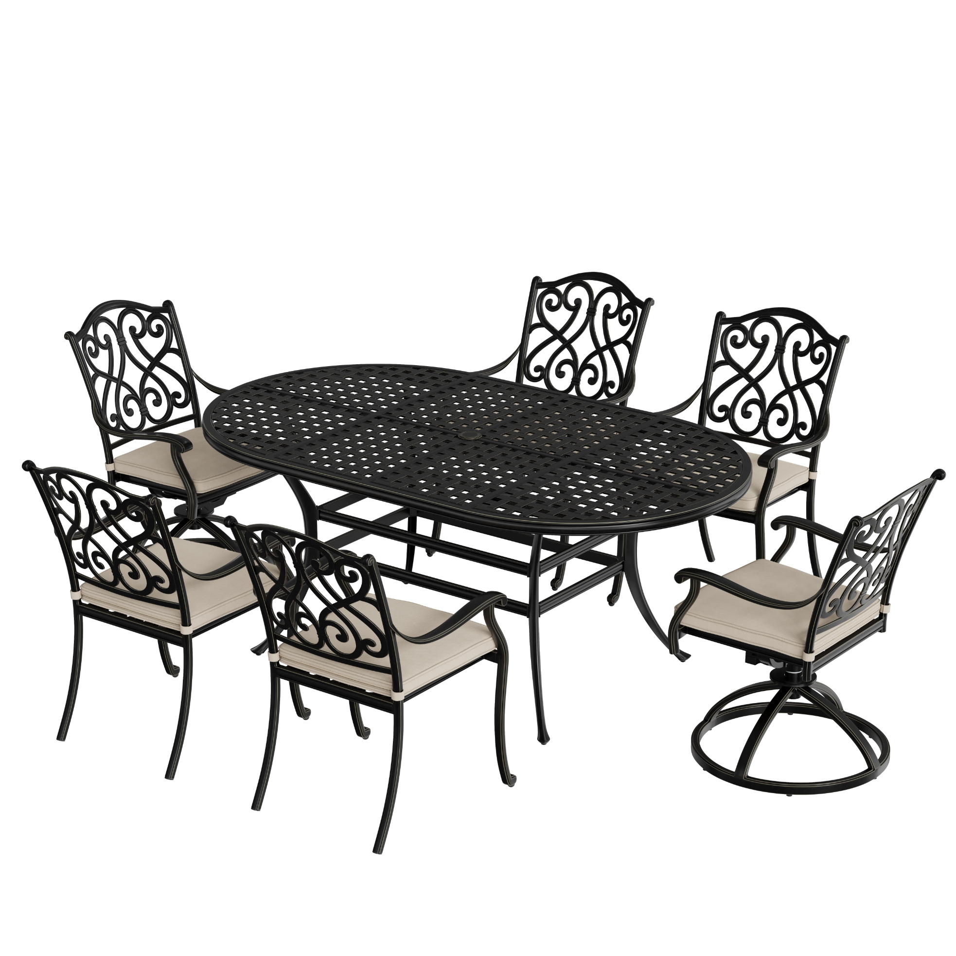 7-Piece Outdoor Dining Set Cast Aluminum with 1 Elliptical Table 4 Dining Chairs 2 Swivel Rockers with Cushions (Seat 6)