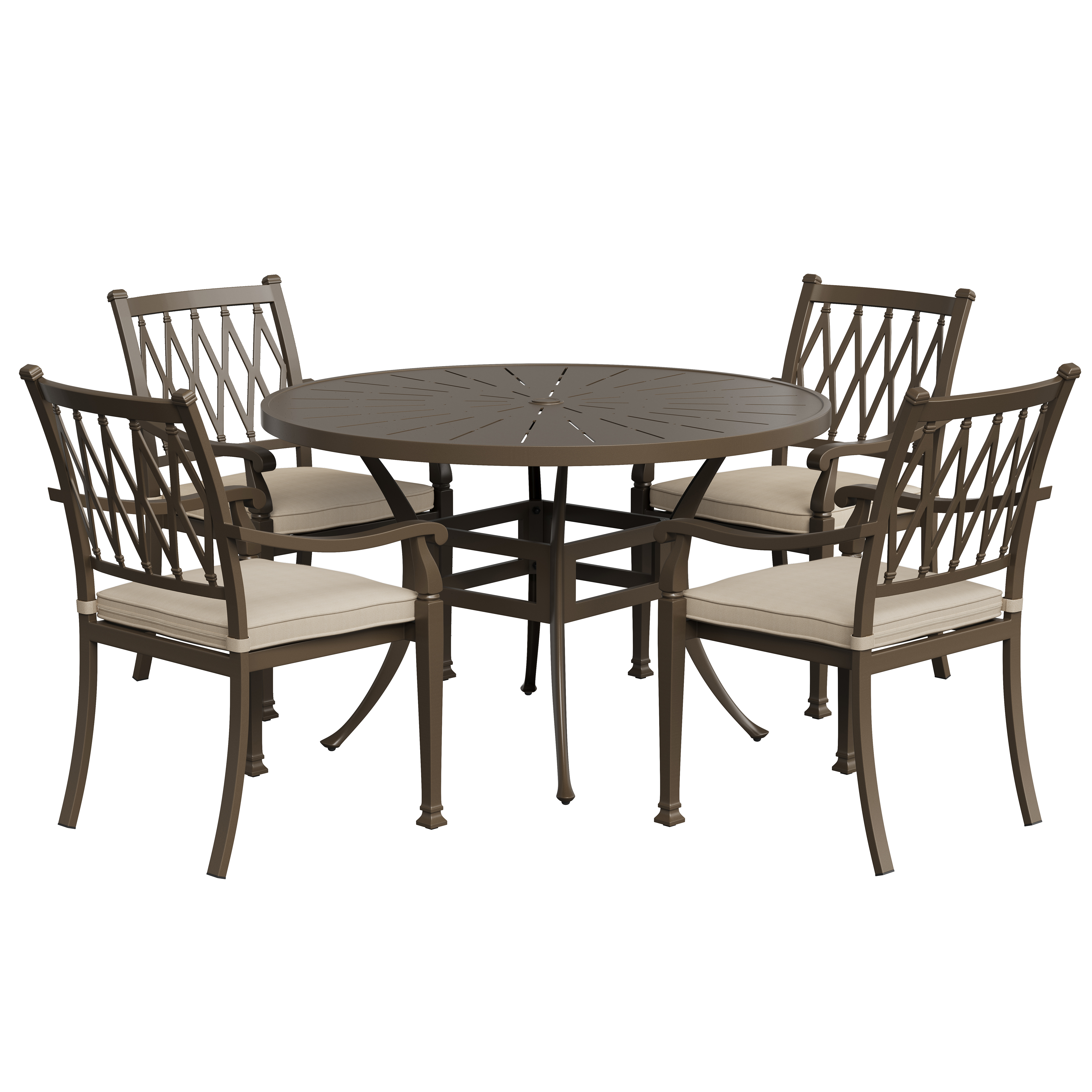 5 Pieces Cast Aluminum Outdoor Dining Set 4 Ergonomic Design Outdoor Chair with Cushions and 1 Round Table with 2.0 Inch Umbrella Hole