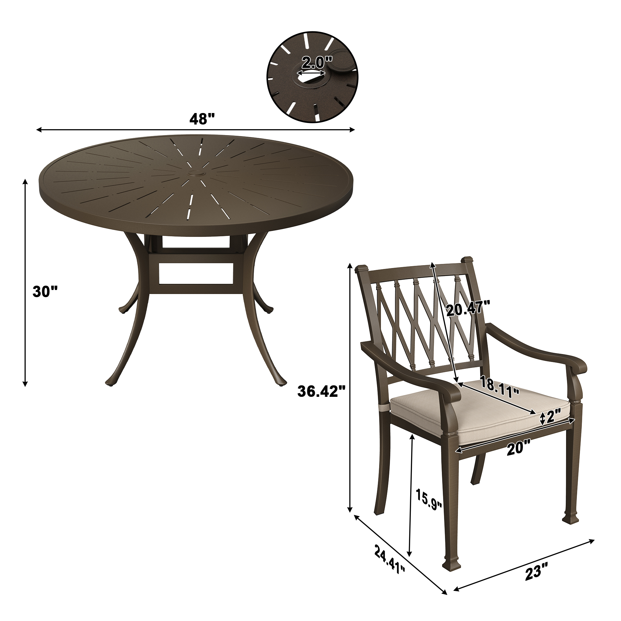 5 Pieces Cast Aluminum Outdoor Dining Set 4 Ergonomic Design Outdoor Chair with Cushions and 1 Round Table with 2.0 Inch Umbrella Hole