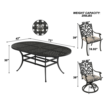 7-Piece Outdoor Dining Set Cast Aluminum with 1 Elliptical Table 4 Dining Chairs 2 Swivel Rockers with Cushions (Seat 6)