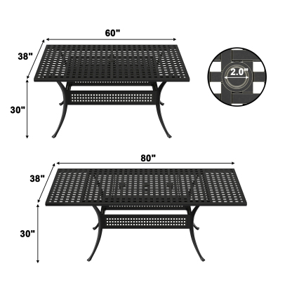 80in. L x 38in. W Outdoor Dining Table Sturdy Cast Aluminum Frame Rectangular Adjustable Length Vintage Patio Table with 2.0 Inch Umbrella Hole