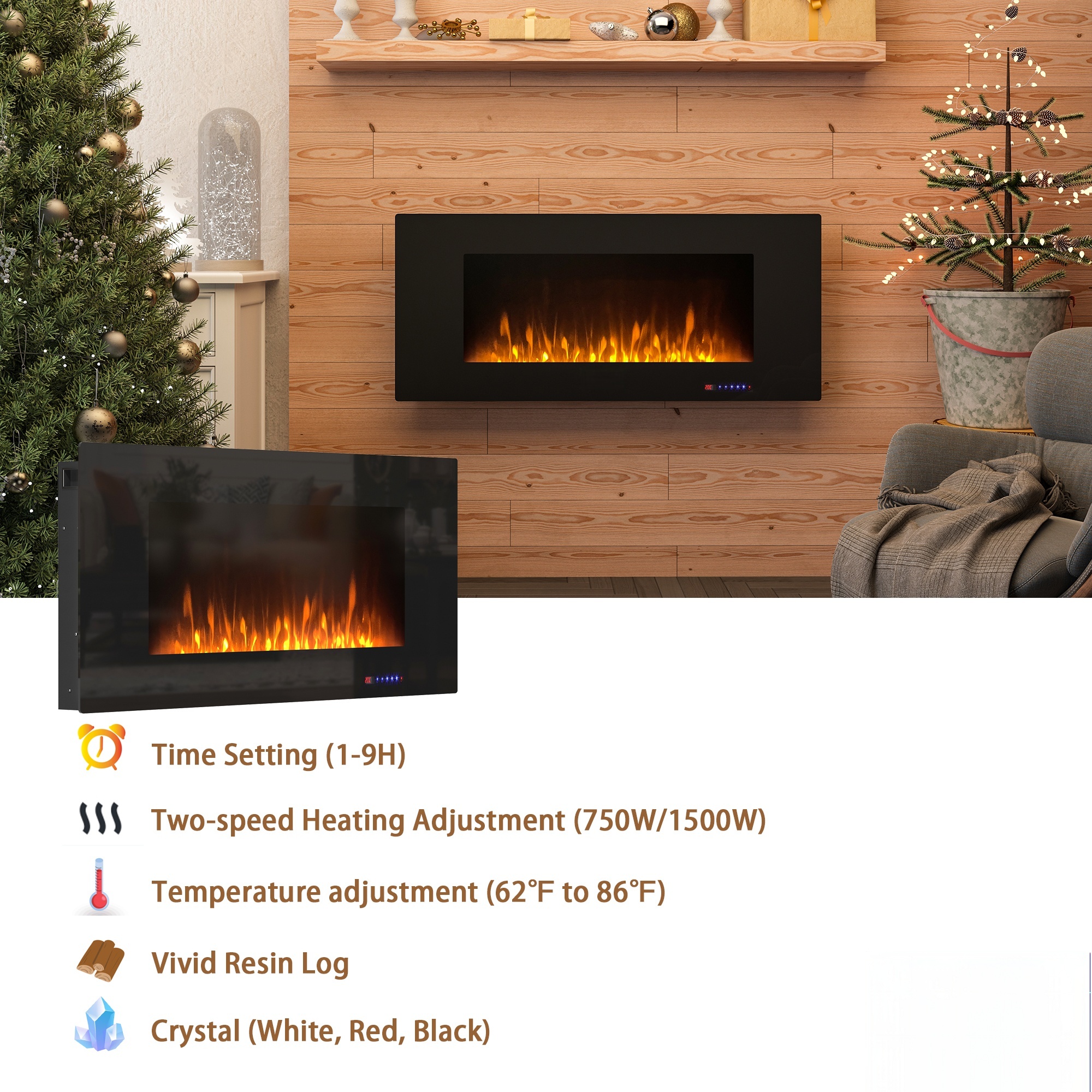 42 Inch Wall Mounted Electric Fireplace (Not Recessed) Linear Fireplace Heater 