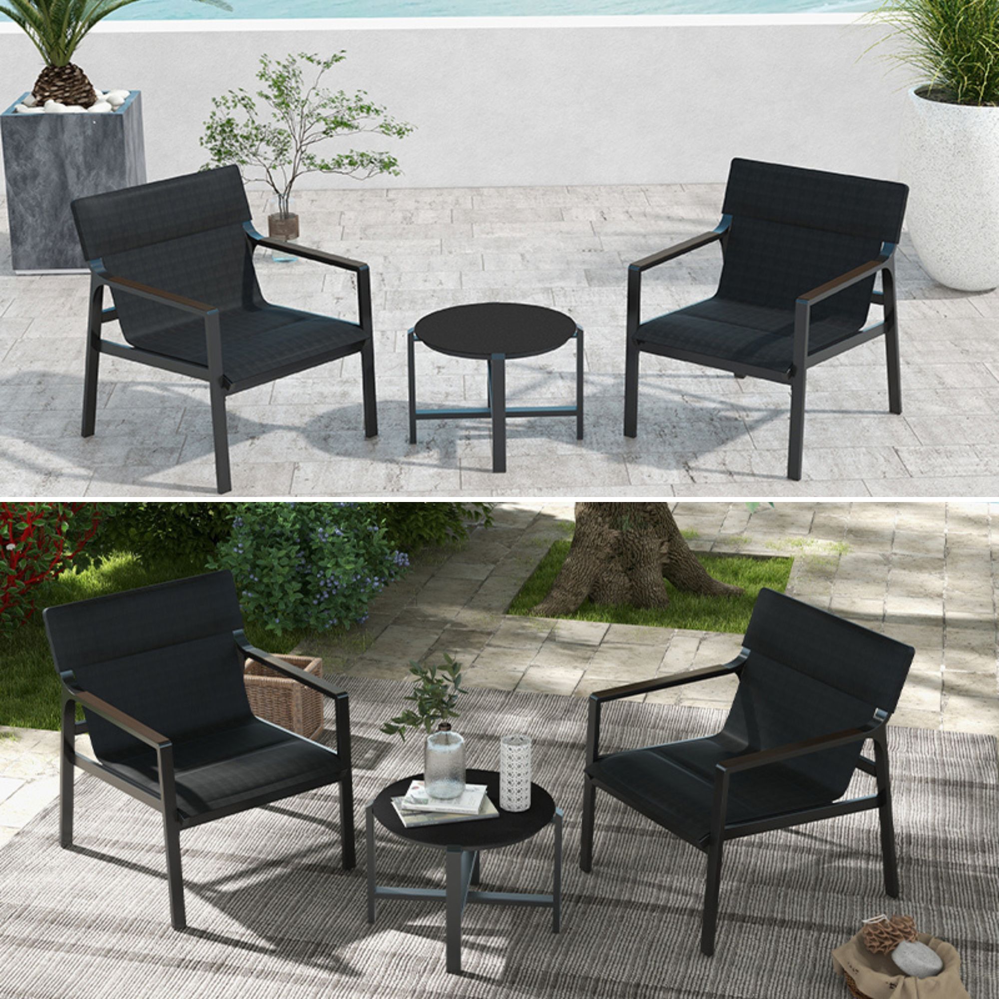 3 Piece Aluminum Frame Outdoor Bistro Set Conversation Set Mesh Sling