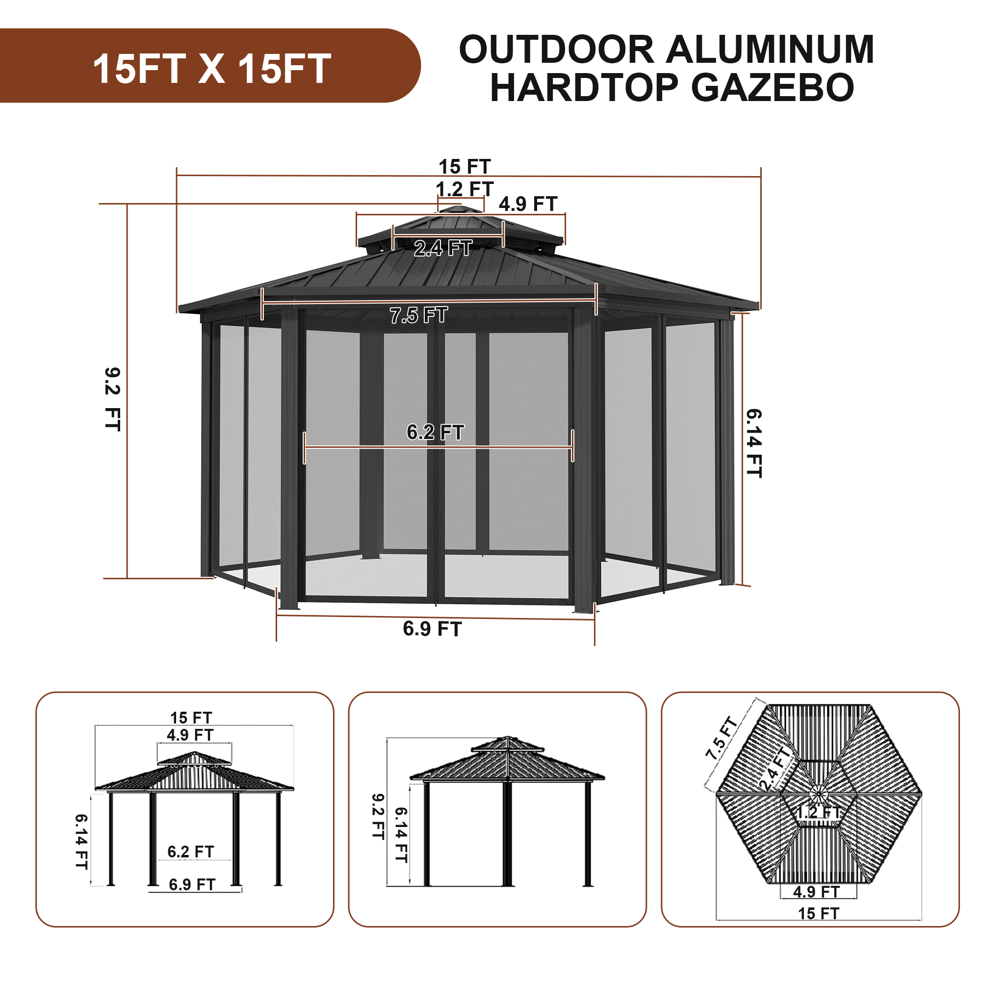 15x15Ft Outdoor Hexagon Hardtop Gazebo with nettings Aluminum Frame
